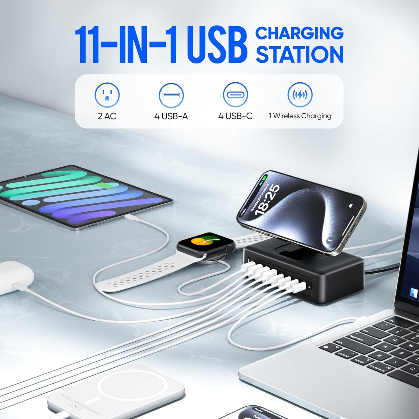 300W USB Charging Station, 11-in-1 USB C Power Strip Surge Protector, 2AC Outlets & 8USB Ports, 5ft Flat Plug Extension Cord with Multiple Devices, Desktop Charger for Home Office Desk Accessories