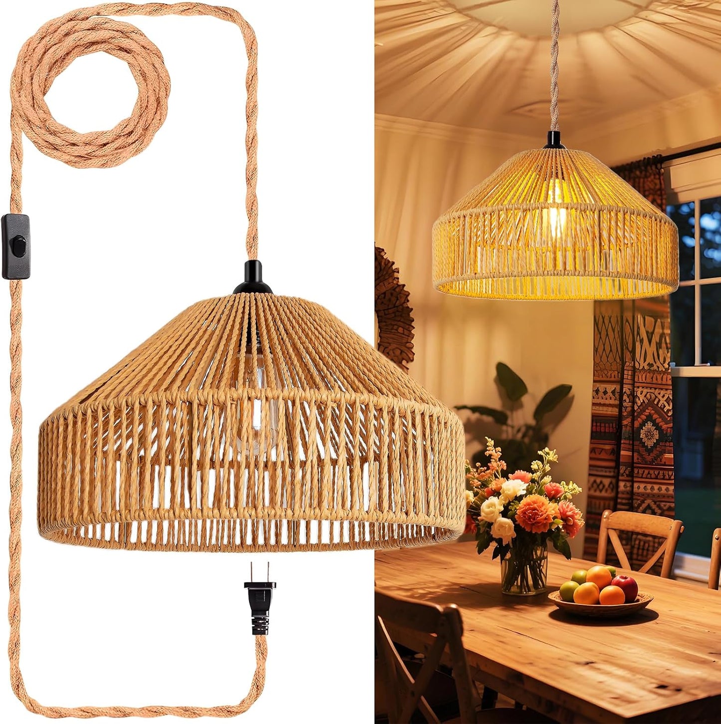 Hanging Lamps Rattan Pendant Light Hanging Lights 16.4ft Plug in Cord Pendant Light Fixture Plug Into Wall Outlet Pendant Lighting with On Off Switch for Bedroom Living (Mongolian Yurt)