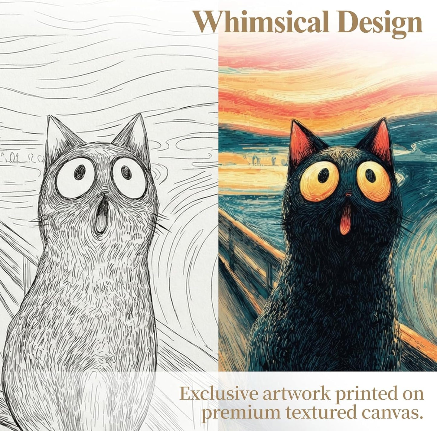 Solanica Humorous Cat Decor - The Scream Edvard Munch Parody Art, High Definition Black Cat Canvas Picture, Premium Matte Finish for Bathroom Toilet Wall, 12x16 Inch