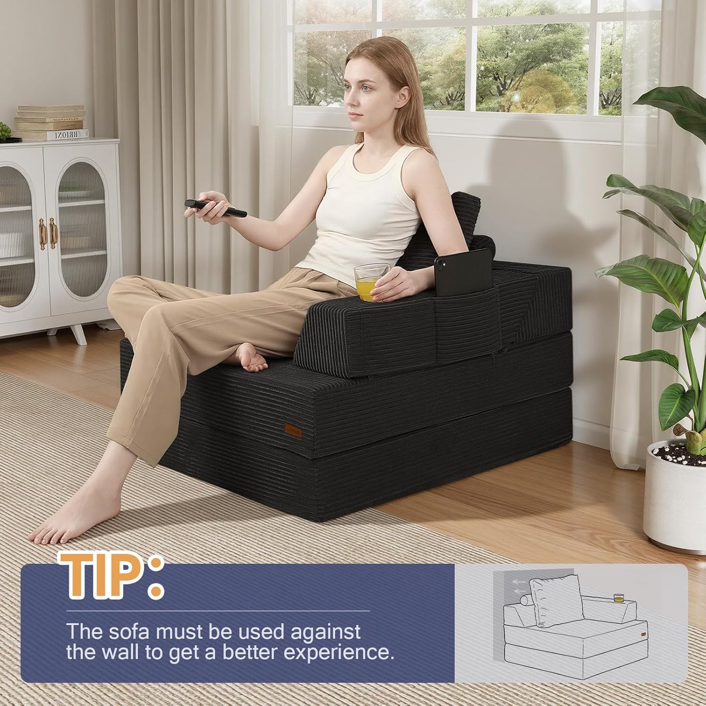 COMAX Folding Sofa Bed, Foldable Couch for Bedroom, Corduroy Convertible Floor Sleeper Futon Chair Foam, 3 in 1 Fold Out Chair Portable Comfy Lounge Couch Single Sofa Bed for Small Space Guest Room
