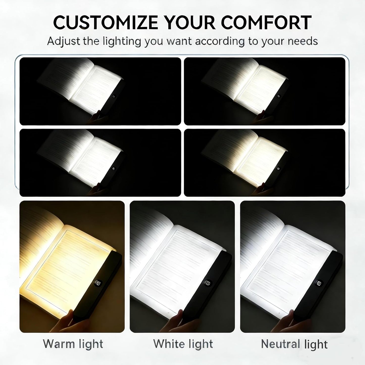 Smart LED Reading Light, Rechargeable Flat Book Light for Night Reading, Dimmable Full Page Panel Lamp with 3 Colors & Timer, Eye Protection Portable Lamp for Bedside, Travel, Study