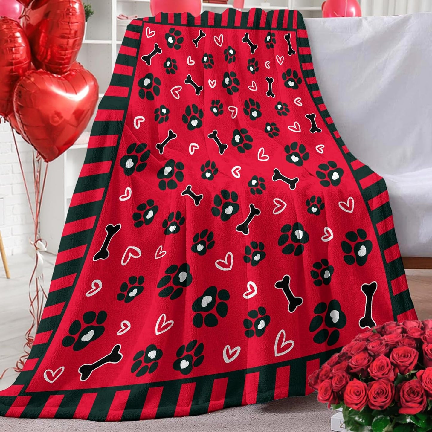 Valentines Red Flannel Blanket, Dog Paw Prints Bone Love Heart Throw Blanket Gifts for Women Girls Wife, Soft Blanket for Anniversary Wedding Bedding Sofa 50 x 60 Inch