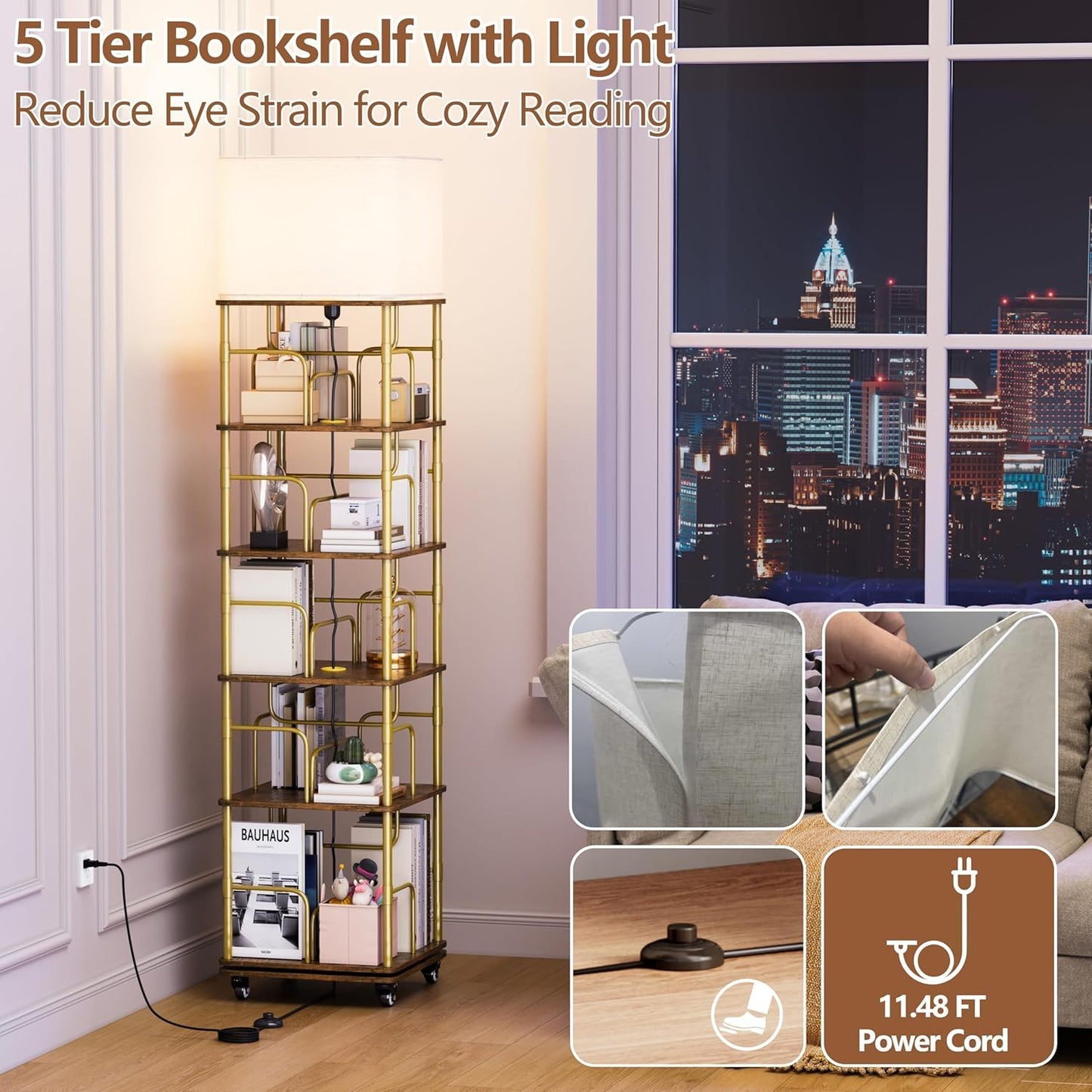 5 Tier Rotating Bookshelf with LED Light, 360 Degree Spinning Square Storage Shelf for Small Corner, Rotating Bookshelf Tower for Home, Rooms, Office (Gold+Brown)