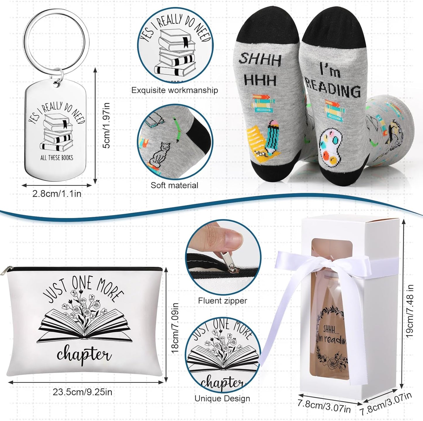 5 Pcs Book Lovers Gifts for Women Bookish Gifts for Readers Librarians Bookworms 16 oz Glass Cup Gift Box Makeup Bag Keychain Socks Birthday Presents for Book Lovers Women