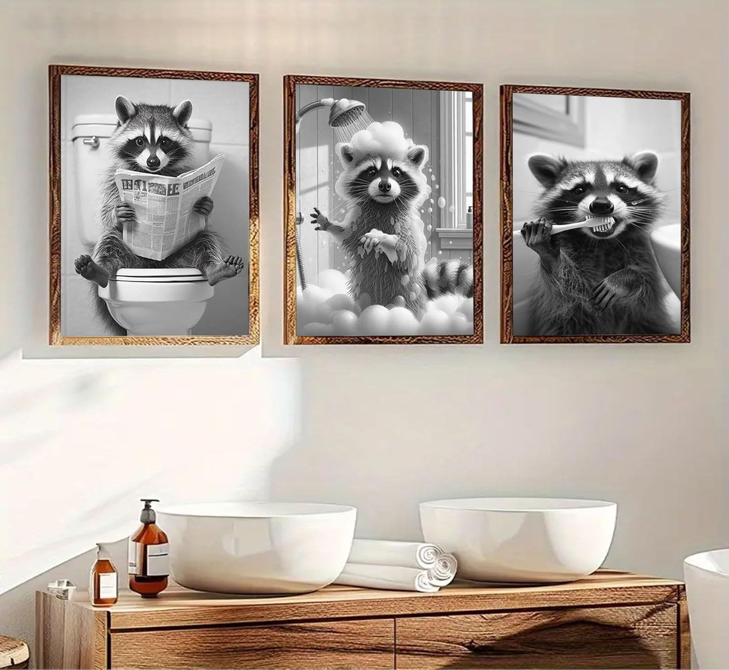 3pcs Adorable Raccoon Bathroom Canvas Wall Art Raccoon On Toilet Reading Newspaper Brush Teeth Posters Prints Black And White Animal Pictures Wall Decor for Bathroom Toilet Shower Room Decoration