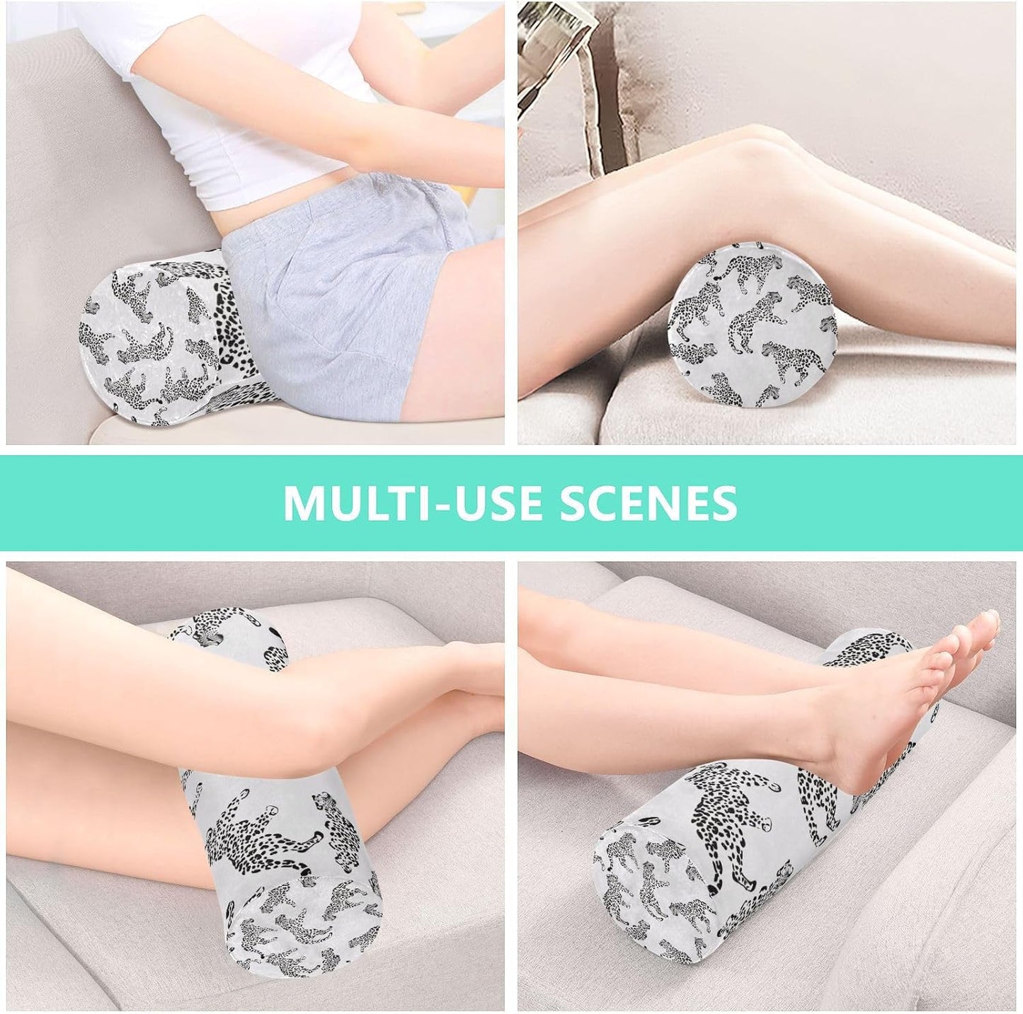 White Leopard Print Neck Roll Pillow - Extra Dense Memory Foam Round Cylinder Bolster for Cervical Support, Spondylosis, Neck Pain Relief