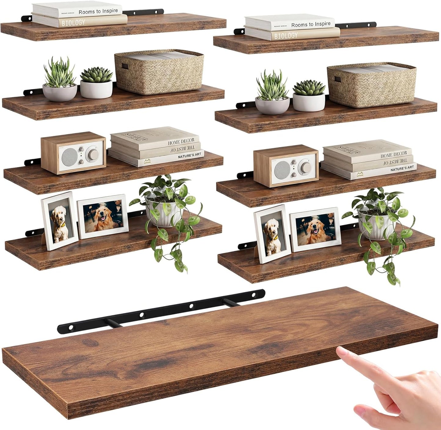 Sliner 8 Pcs 16'' Floating Shelves for Wall with Invisible Brackets, Rustic Wood Deep Wall Mounted Shelves for Home Decor, Storage & Display, Bookshelf for Bedroom, Bathroom, Living Room, Kitchen