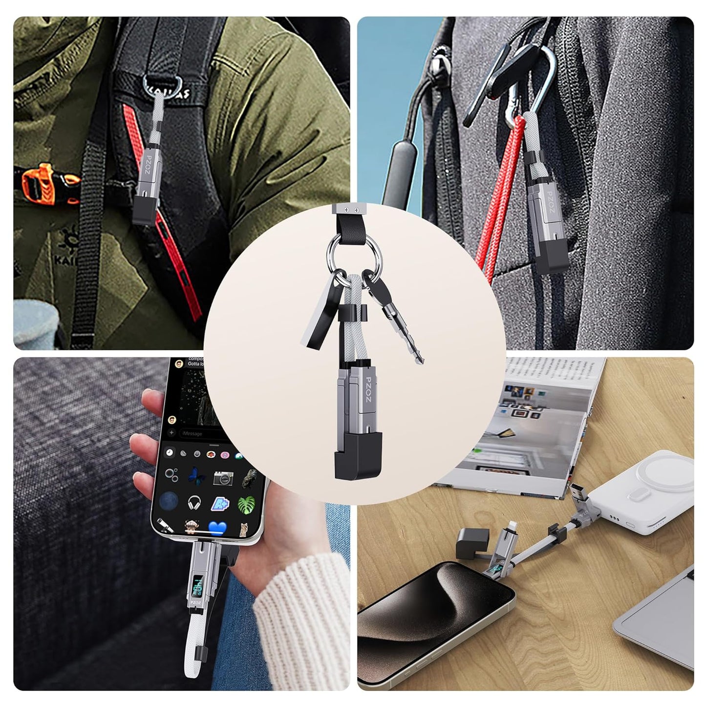 pzoz Portable Keychain Charger Short Cable with LED Display, 4-in-1 Multi USB C Fast Charging Combo Lightning/Type C/USB A/USBC Ports for iPhone iPad MacBook AirPods Samsung Google (140W, 7.3 inchs)