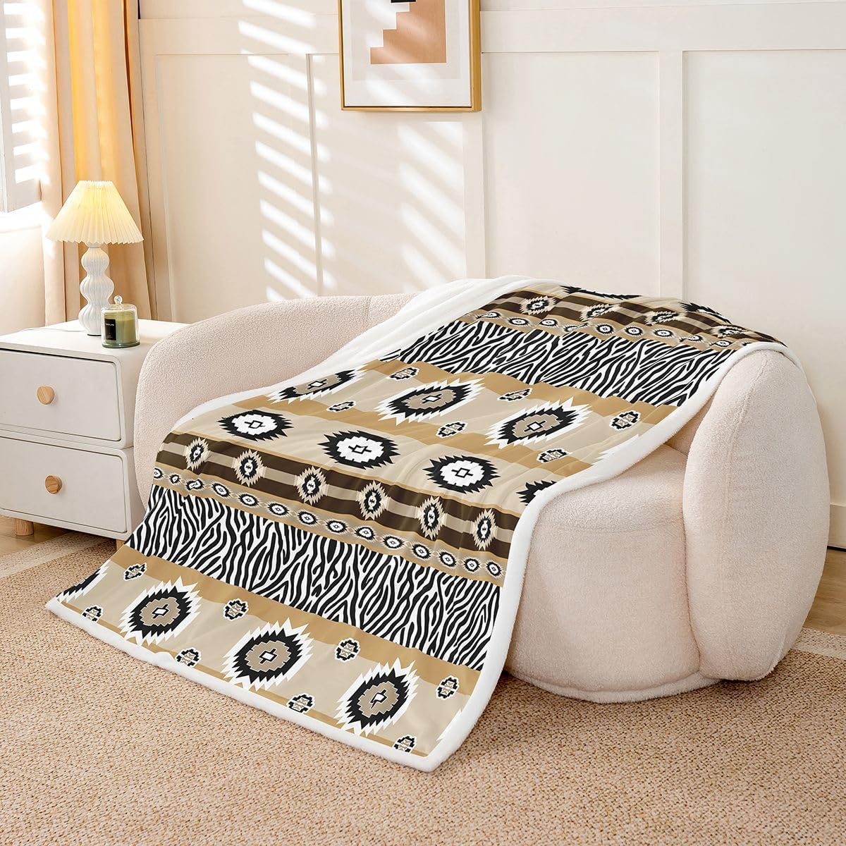 Feelyou Boho Southwestern Aztec Sherpa Throw Blanket for Couch Rustic Western Exotic Tribal Super Soft Cozy Fleece Zebra Print Blanket for Winter, Plush Throw Baby 30"x40" All Season
