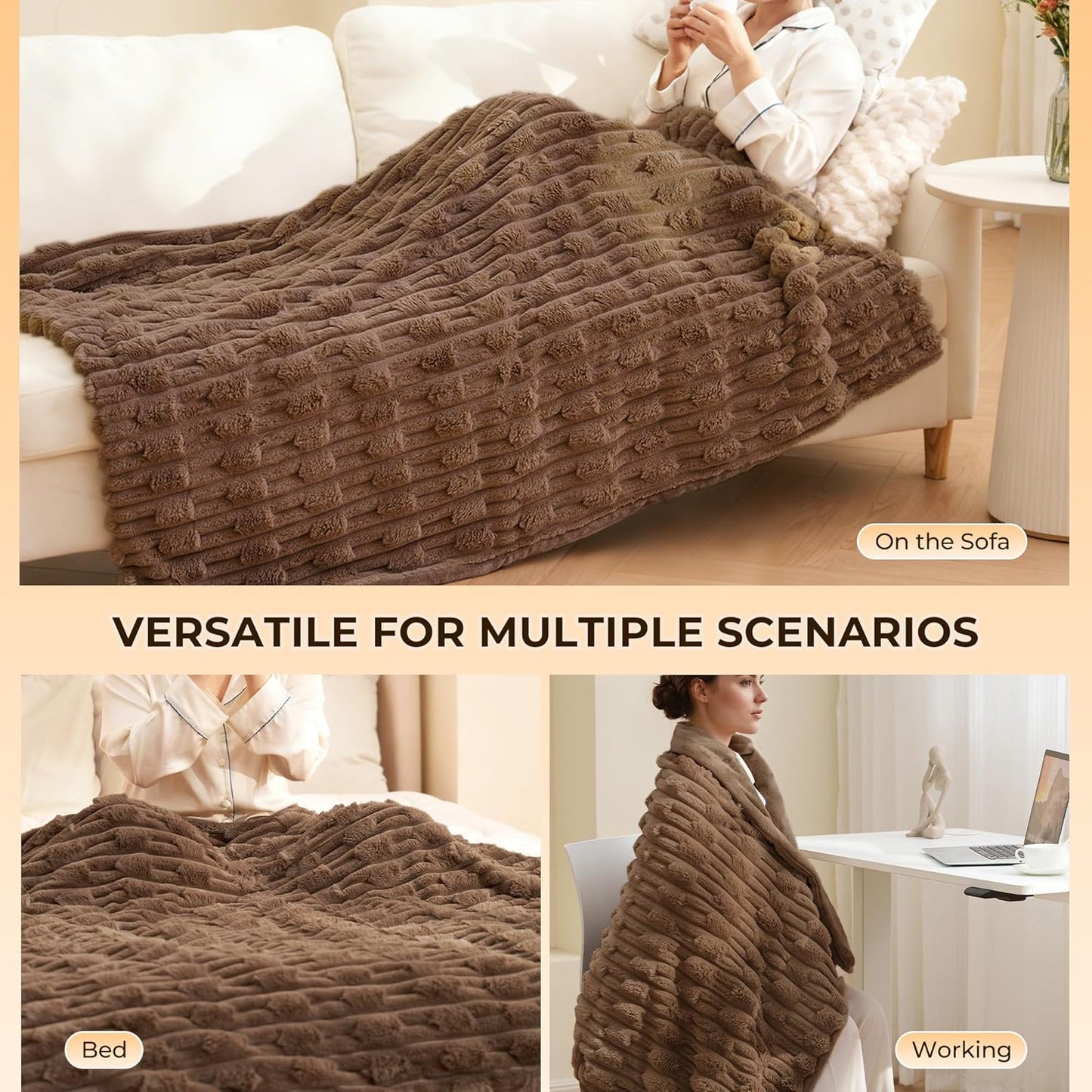 Heated Throw Blanket 50"x60", Electric Blanket with Bamboo Pattern, Luxury Faux Rabbit Fur&Soft Flannel, 6 Heat Settings, 1-4 Hour Auto Shut-Off, Machine Washable (Dark Brown)