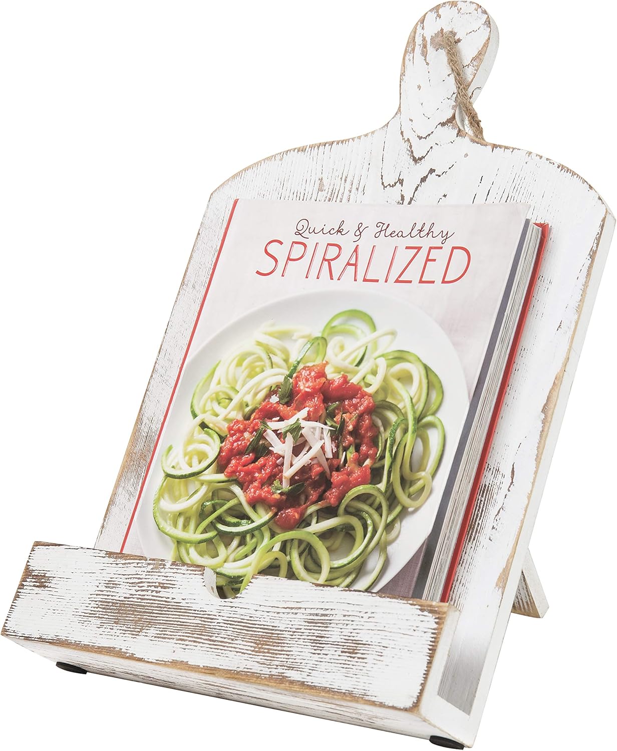MyGift Recipe Book Holder, Whitewashed Wood Cutting Board Style Cookbook Holder, Wooden Book Stands for Display