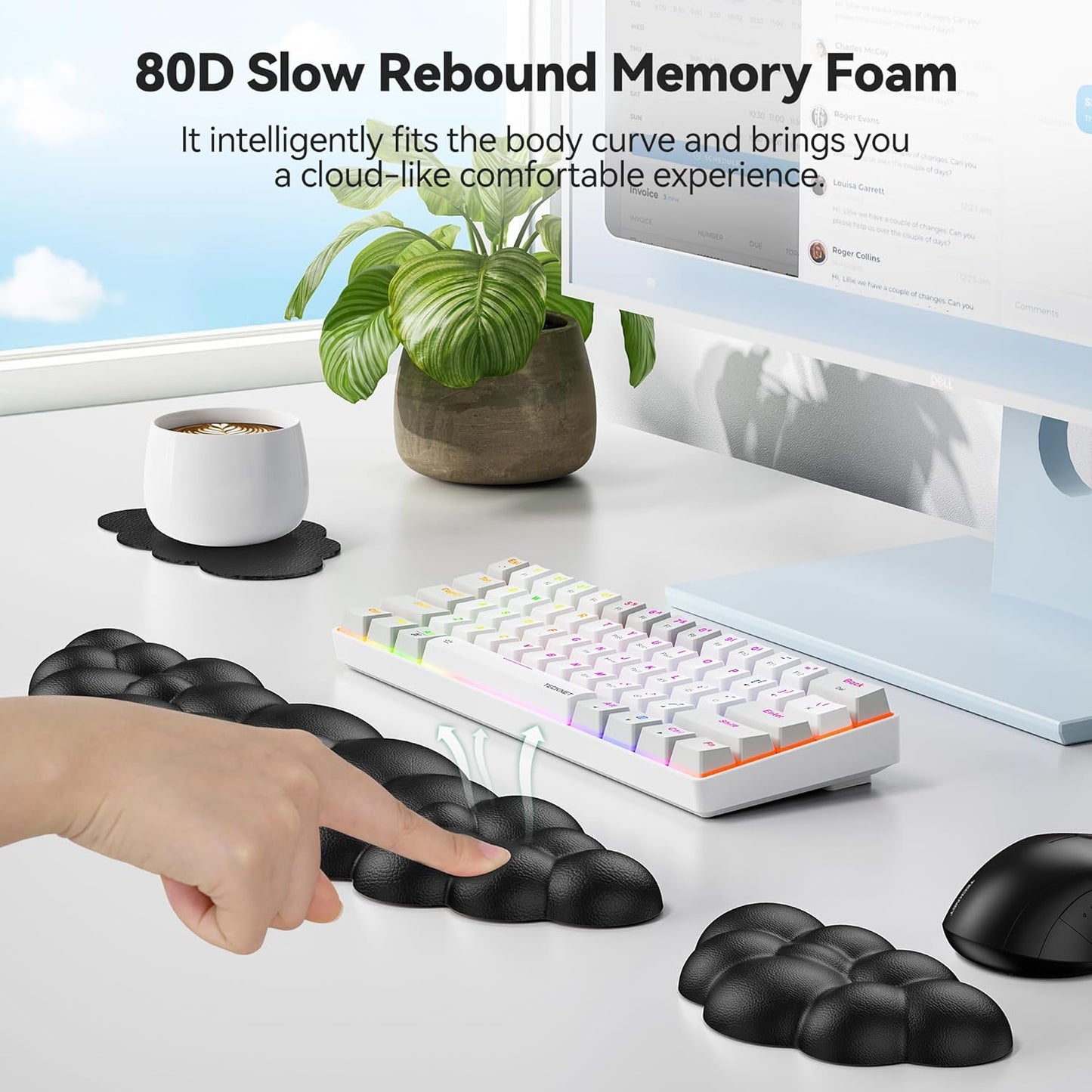 TECKNET Cloud Keyboard Wrist Rest Set, Cloud Wrist Rest with Non-Slip Base, PU Leather Wrist Pad for Keyboard with Ergonomic Memory Foam for Computer Laptop Office Gaming and Pain Relief, Black