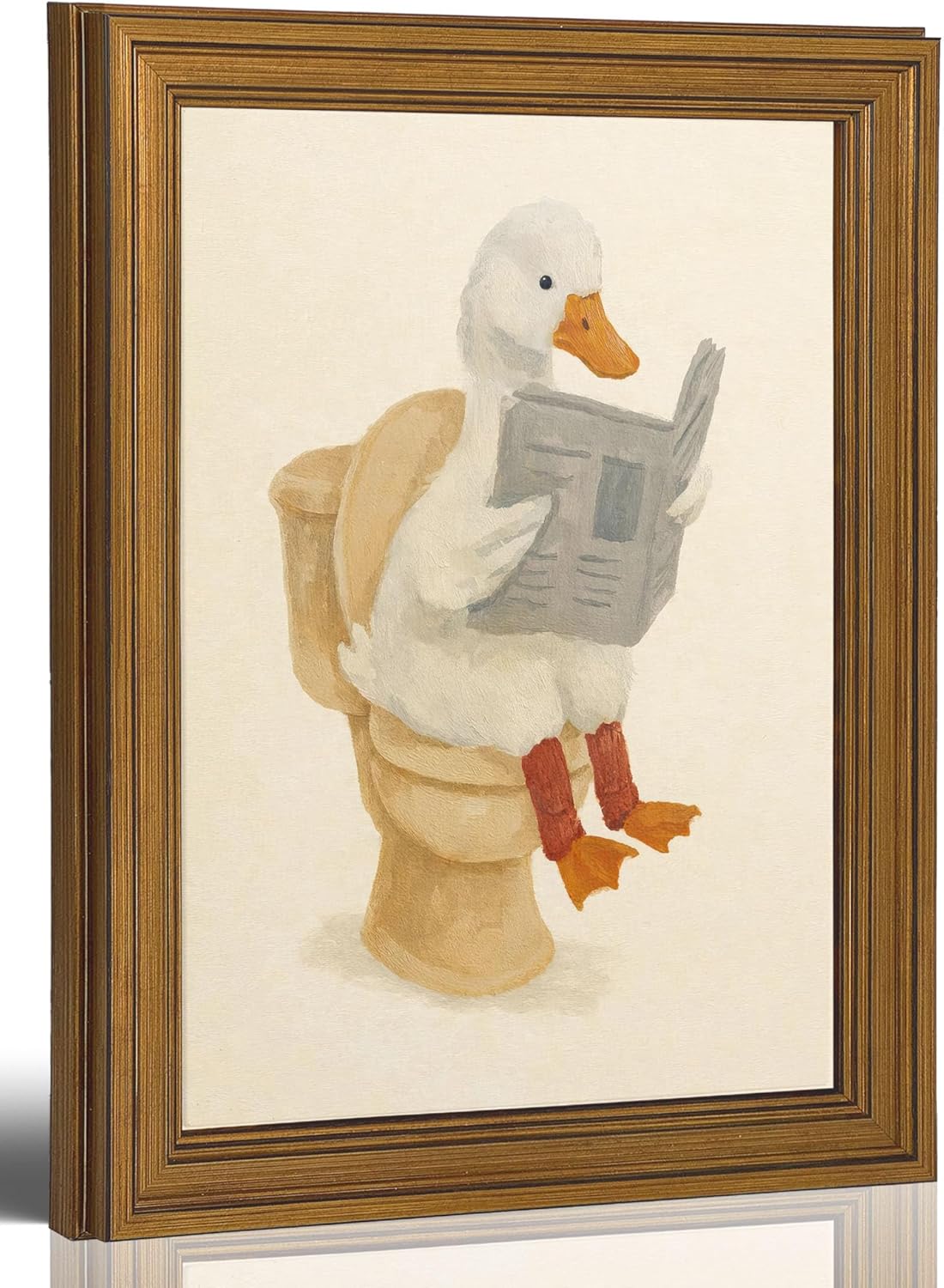 Vintage Gold Framed Duck Bathroom Wall Art Funny Duck Reading on Toilet Painting Picture Wall Decor Kids Bathroom Poster Beige Cute Animal Poster Print Artwork for Bathroom Home Decoration