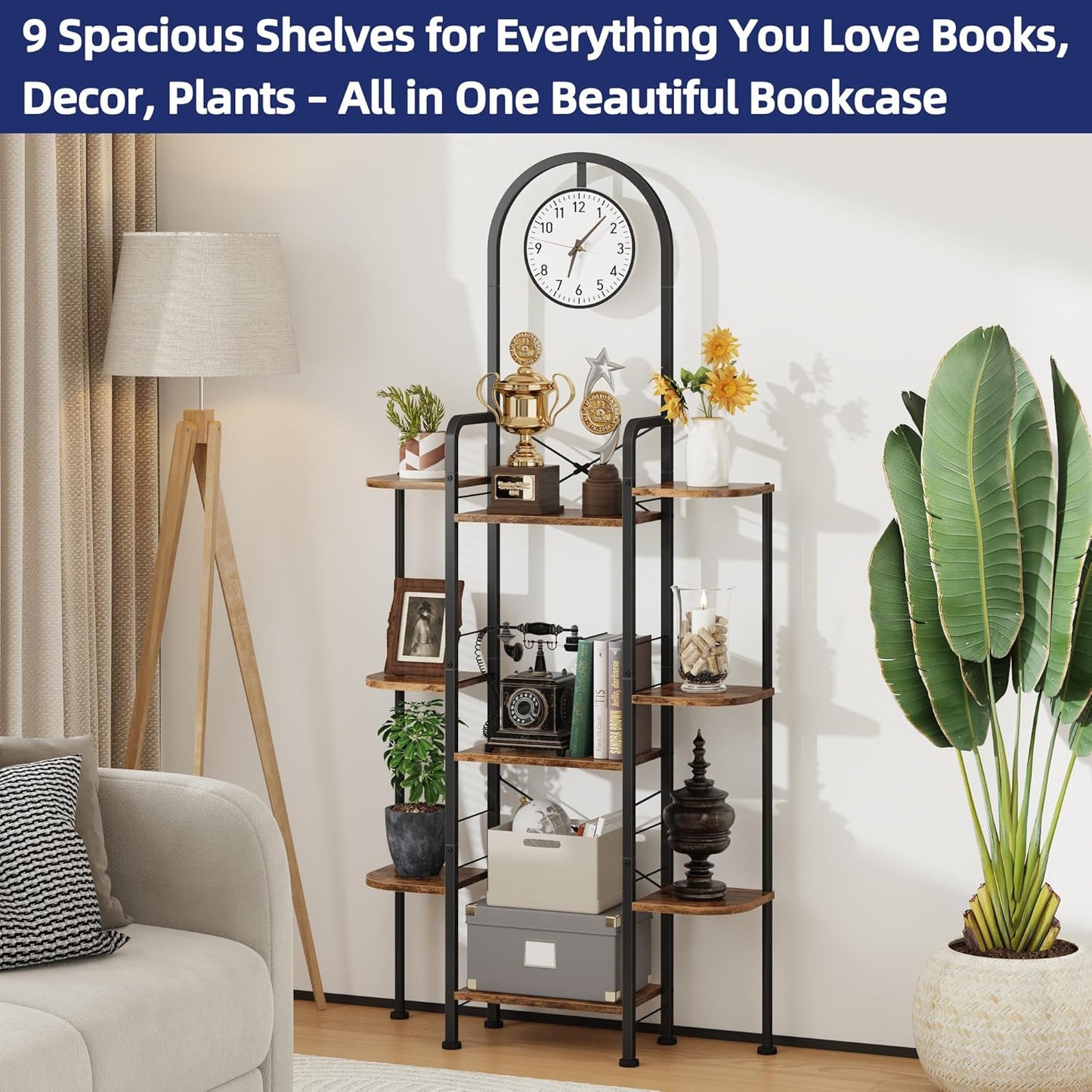 Bookshelf with Wall Clock, Triple Bookcase with Open Display Shelves, Industrial Style Book Shelves, Modern Display Shelf for Living Room, Bedroom, Home Office, Rustic Brown, 29.8" W