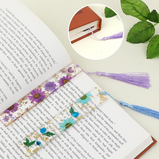 Dried Flower Resin Bookmark and Book Page Holder Set, 4 Pcs Handmade Transparent Thumb Books Page Holder with Tassel, Cute Book Accessories Gift for Reading Lover Students Teachers