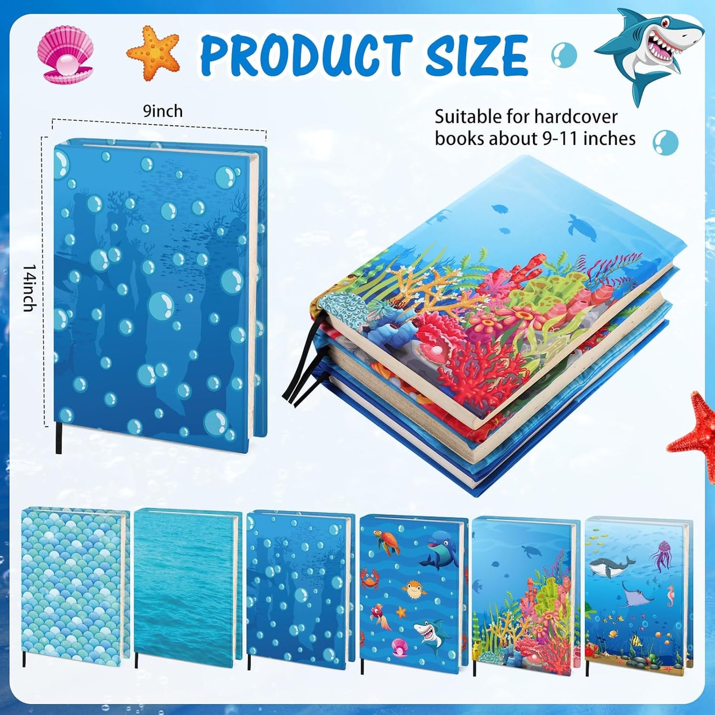 6 Pack Jumbo Stretchable Book Covers, Colorful Covers for Textbook Protection and Care, Washable Reusable Protective for Paperbacks Hardcover Books(Ocean,Blue,9-11inch)