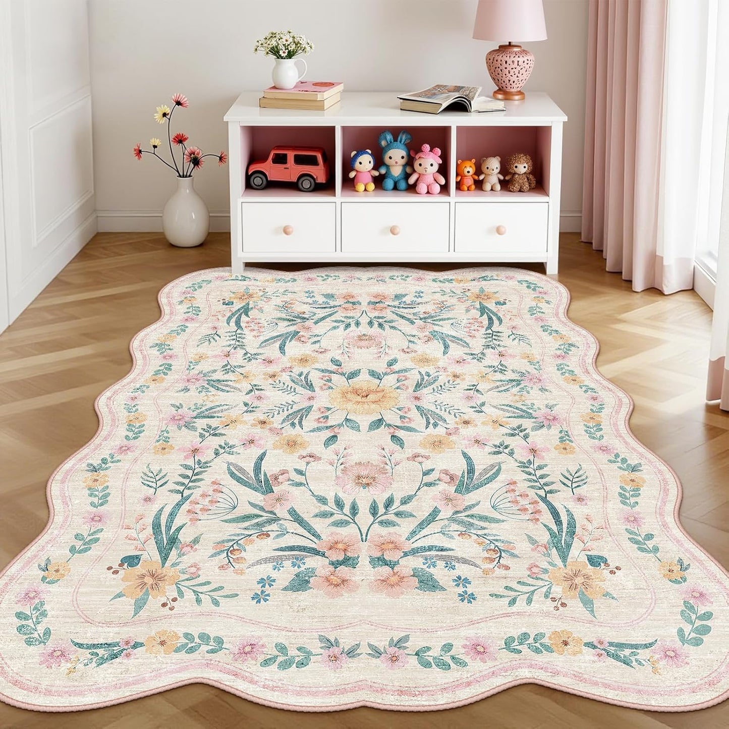 Pink Floral Rug 5X7 for Girls Bedroom or Nursery, Scalloped Washable Non-Slip Area Rug, Cute Soft Boho Carpet for Kids Room, Dorm, or Playroom