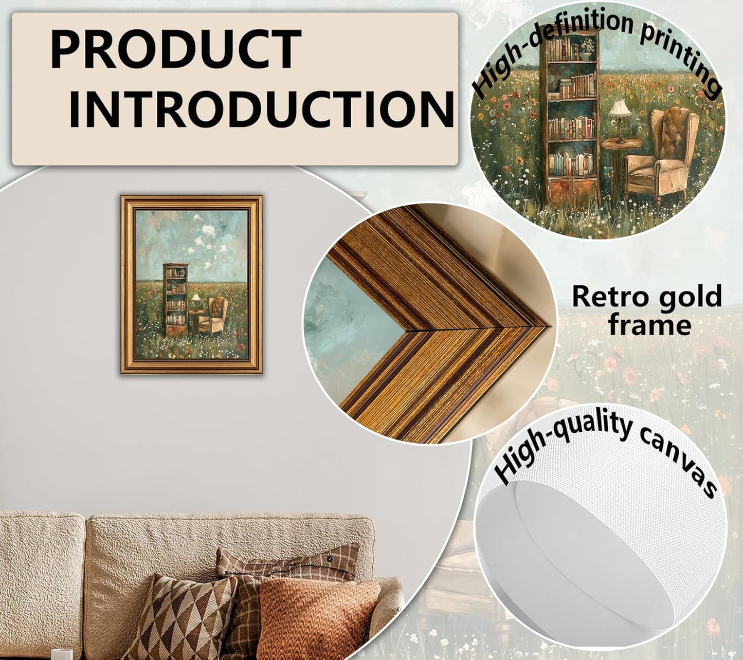 Devunaty Vintage Gold Framed Wall Art for Living Room, Whimsical Book Lover Wall Decor Aesthetic, Country Flower Field Canvas Print Painting, Rustic Farmhouse Book Pictures for Bedroom Library 9"x11"