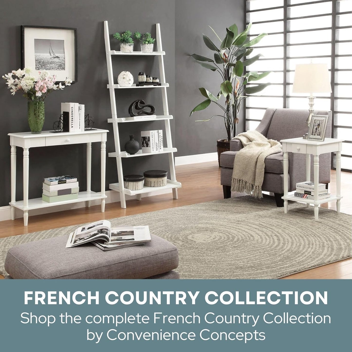 Convenience Concepts French Country Ladder Bookshelf 25" - Classic Living Room Bookcase for Traditional, Modern Office, Family Room & Home Office, Dark Walnut