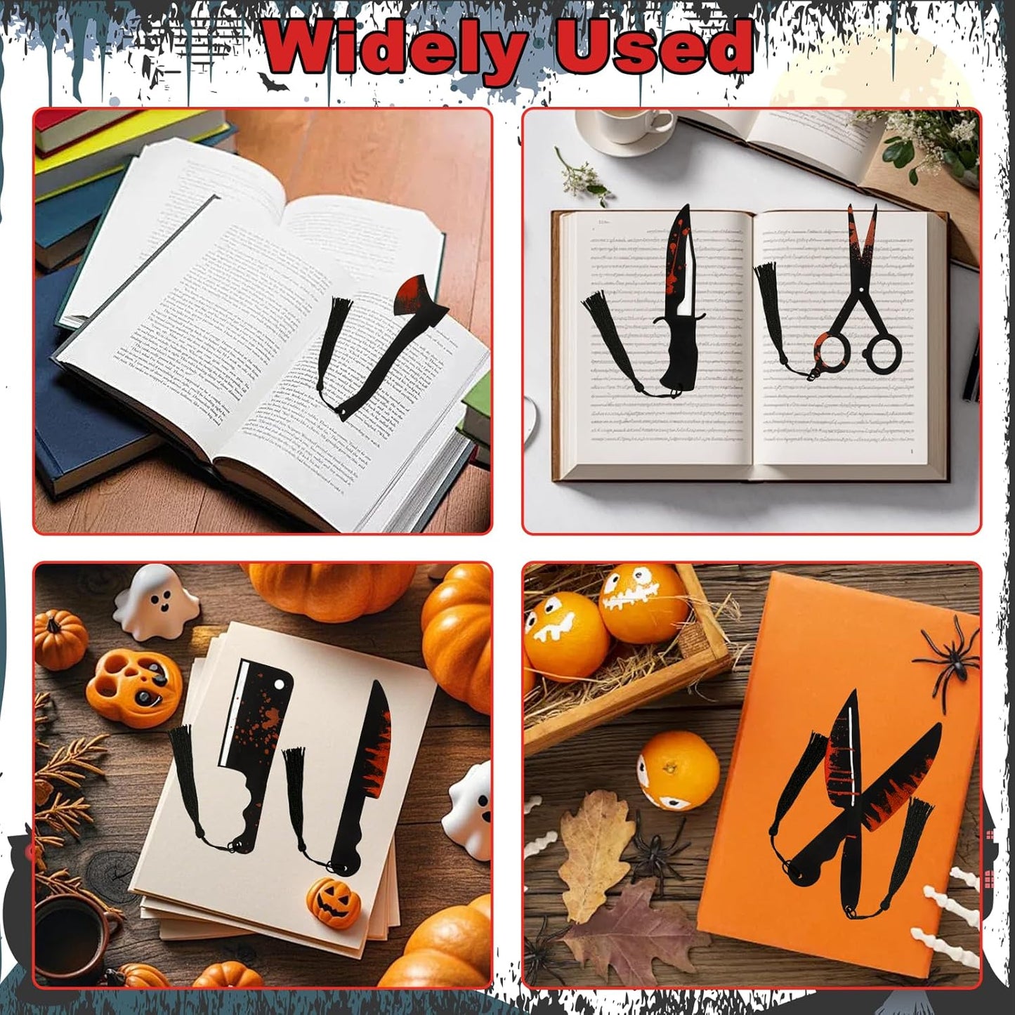 6Pcs Horror Novelty Bookmark Set, Fake Knife Shapes with Blood Stain Gothic Book Accessories Dark Romance Acrylic Page Holders with Black Tassels Halloween Craft