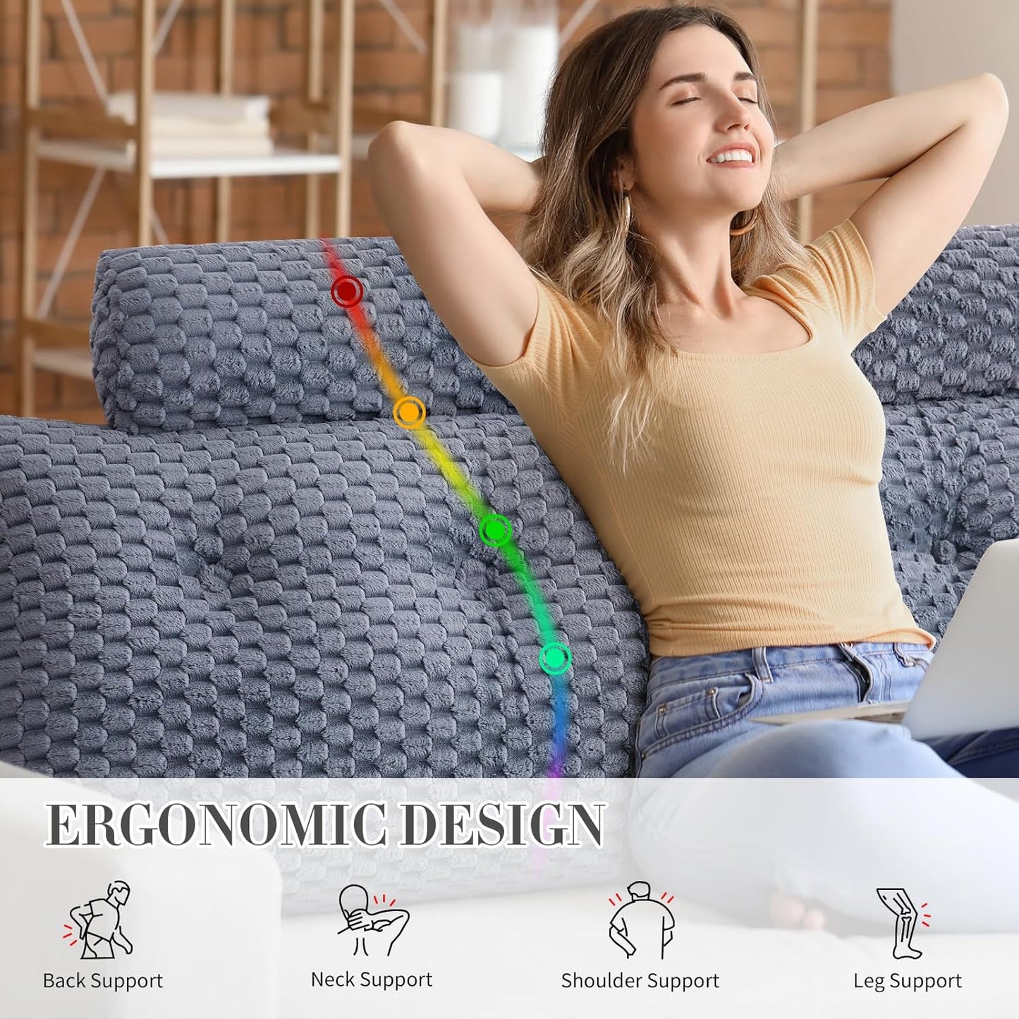 Wedge Headboard Pillow King- Bed Wedge Pillow for Headboard Triangular Headboard Pillow with Neck Roll Pillow-Large Bolster for Sitting in Bed Backrest Positioning Support (Grey,76x8x20 Inches)