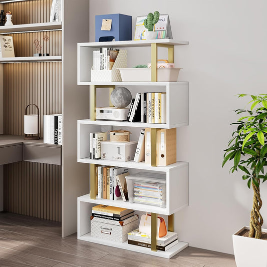 SORCEDAS Bookshelf Geometric Bookcase S Shaped Industrial Bookshelf Storage Display Stand Shelf for Living Room Bedroom and Office Room (White, 5 Tier)