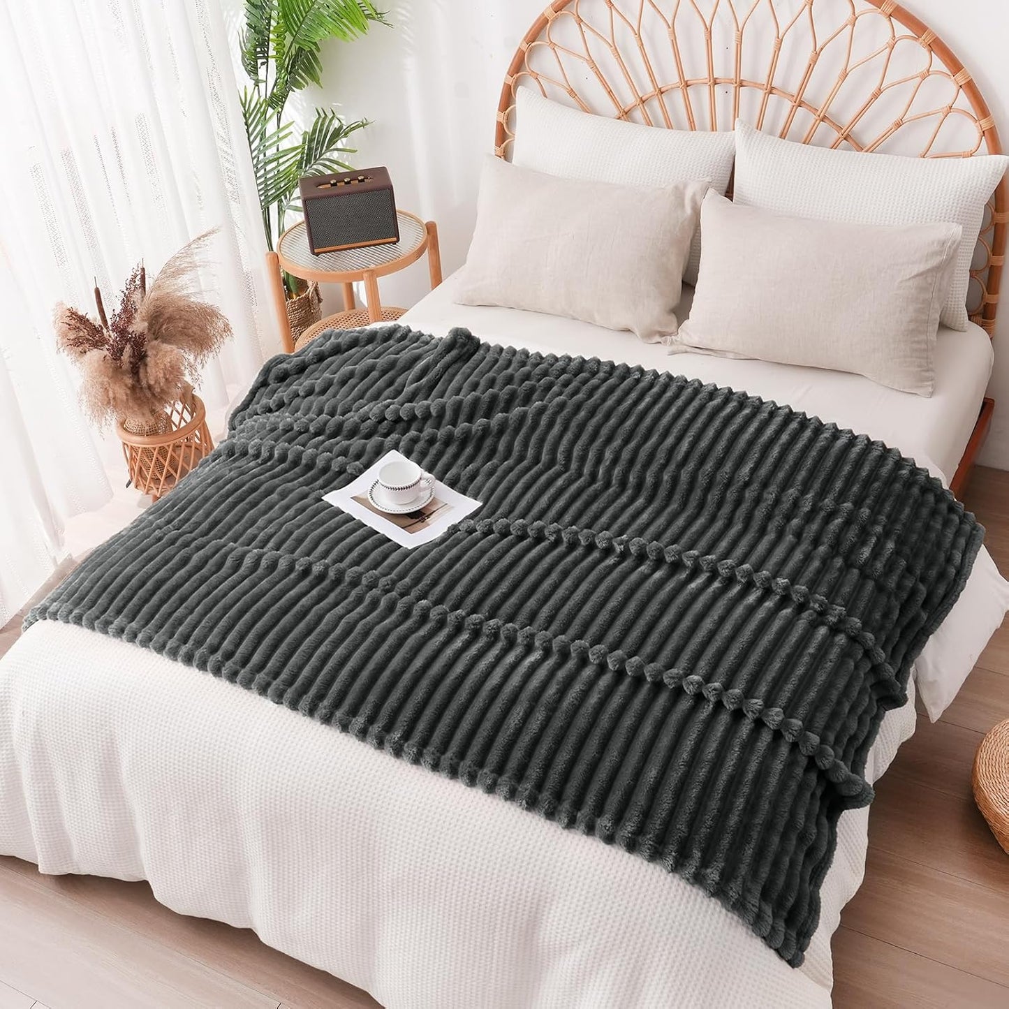 Vessia Flannel Fleece Throw Blanket for Couch,Sofa,Bed, 300GSM Striped Grey Throw Blanket for Adults and Kids, Super Soft Warm Cozy Lightweight Home Decor for All-Season(50x70inch)
