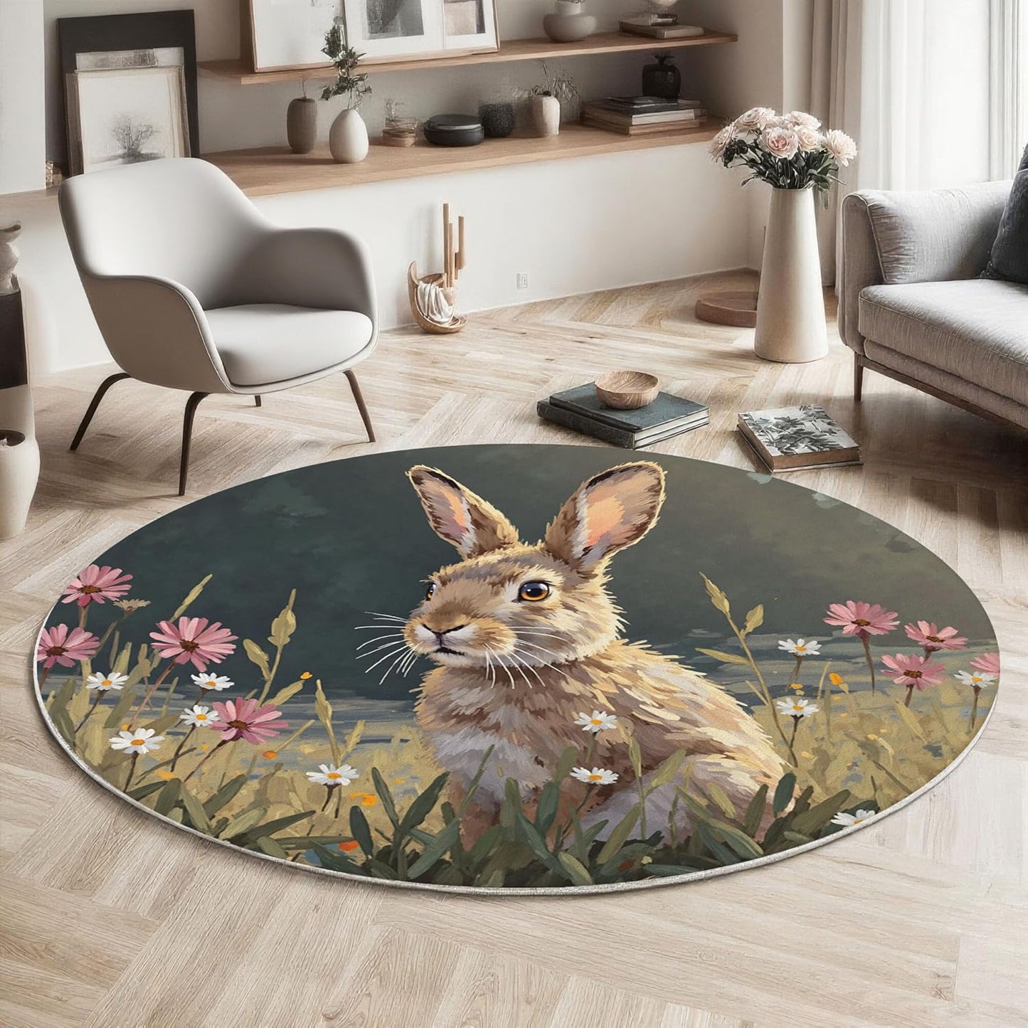 Round Rug for Kids Room, Nature Rabbit Grass Round Rugs 5.25Ft, Animals Oil Painting Circle Rug, Olive Green Washable Circle Carpet for Living Room Bedroom, Non Slip Low Pile Thin Area Rugs