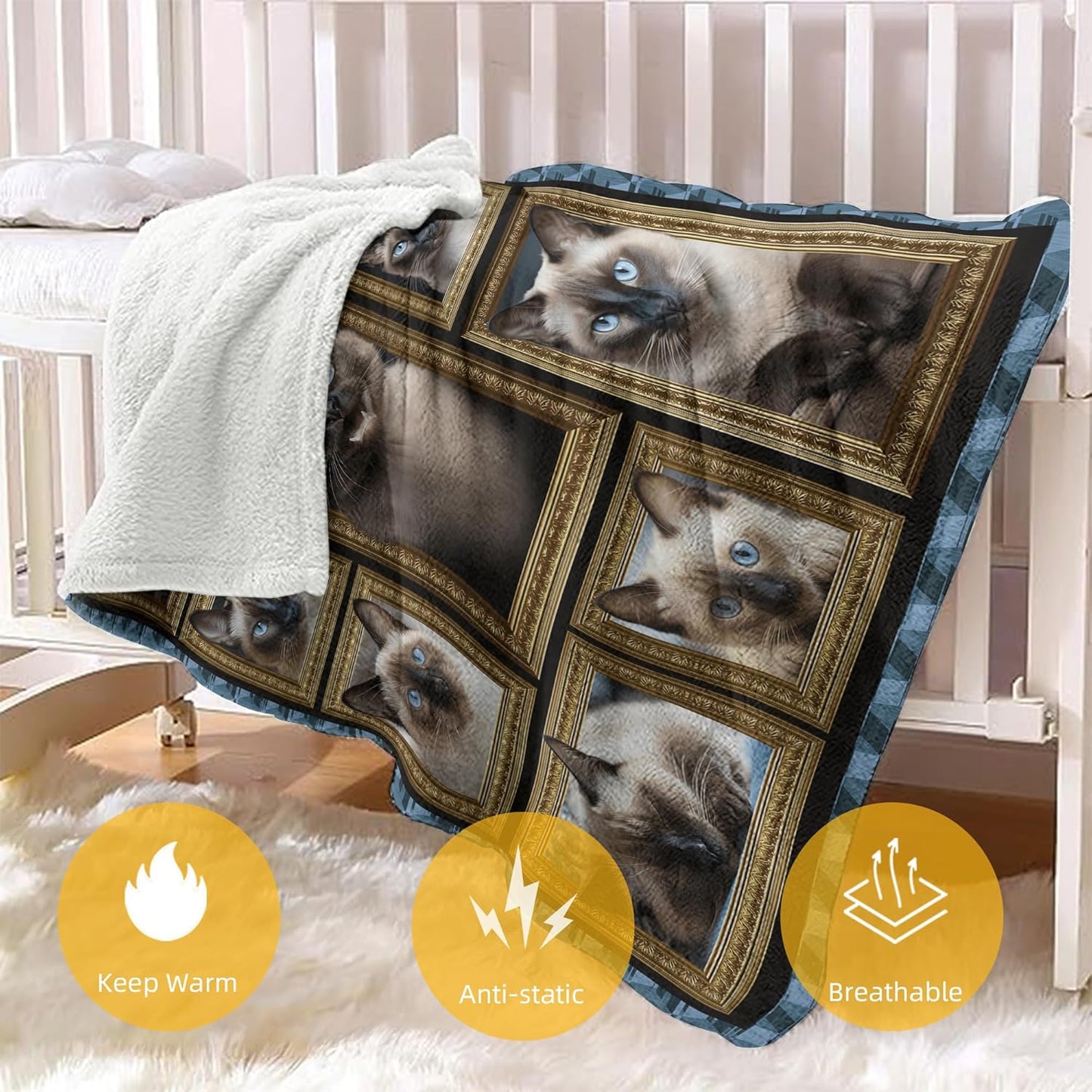 Siamese Cat Blanket Gifts for Women Men, Cozy Fuzzy Soft Throw Blanket for Couch Bed Travel Lightweight Plush Flannel Fleece Blankets and Throws for Sofa Chair Camping Car, Twin Size 60" X 80"