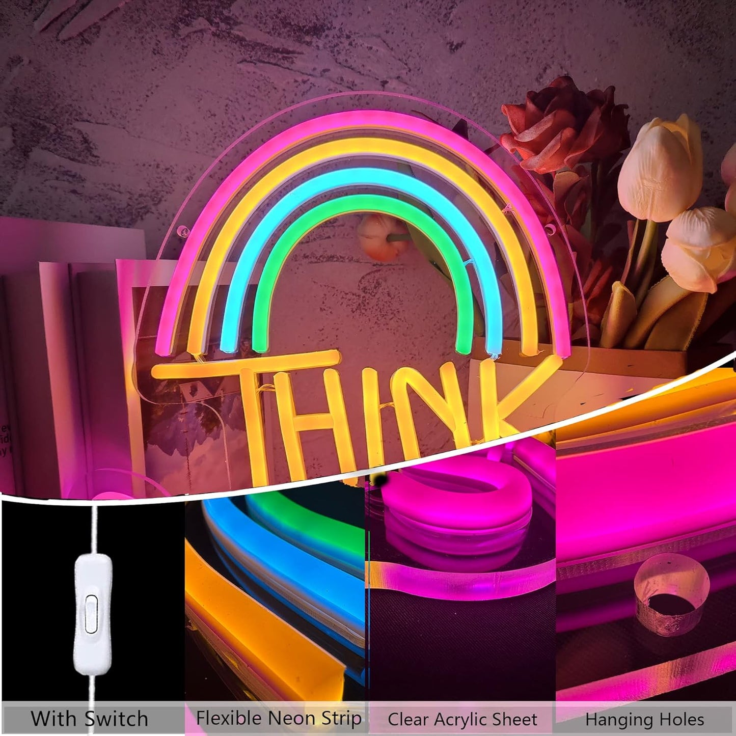 Think Positive Neon Sign, Think Positive Led Rainbow Neon Sign for Wall Decor, Neon Wall Art, USB Powered for Bedroom Decor Man Cave Bar Pub Wedding Christmas Birthday Party Gift (13x12.2in)