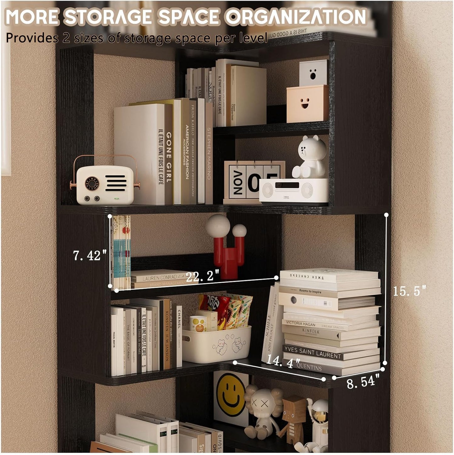 Lkeiyay 9-Tier Black Corner Bookcase, 65” Tall Space-Saving Modern Corner Bookshelf for Living Room/Bedroom, Sturdy Open Storage Unit with Multiple Shelves, Perfect for Home Office & Small Spaces