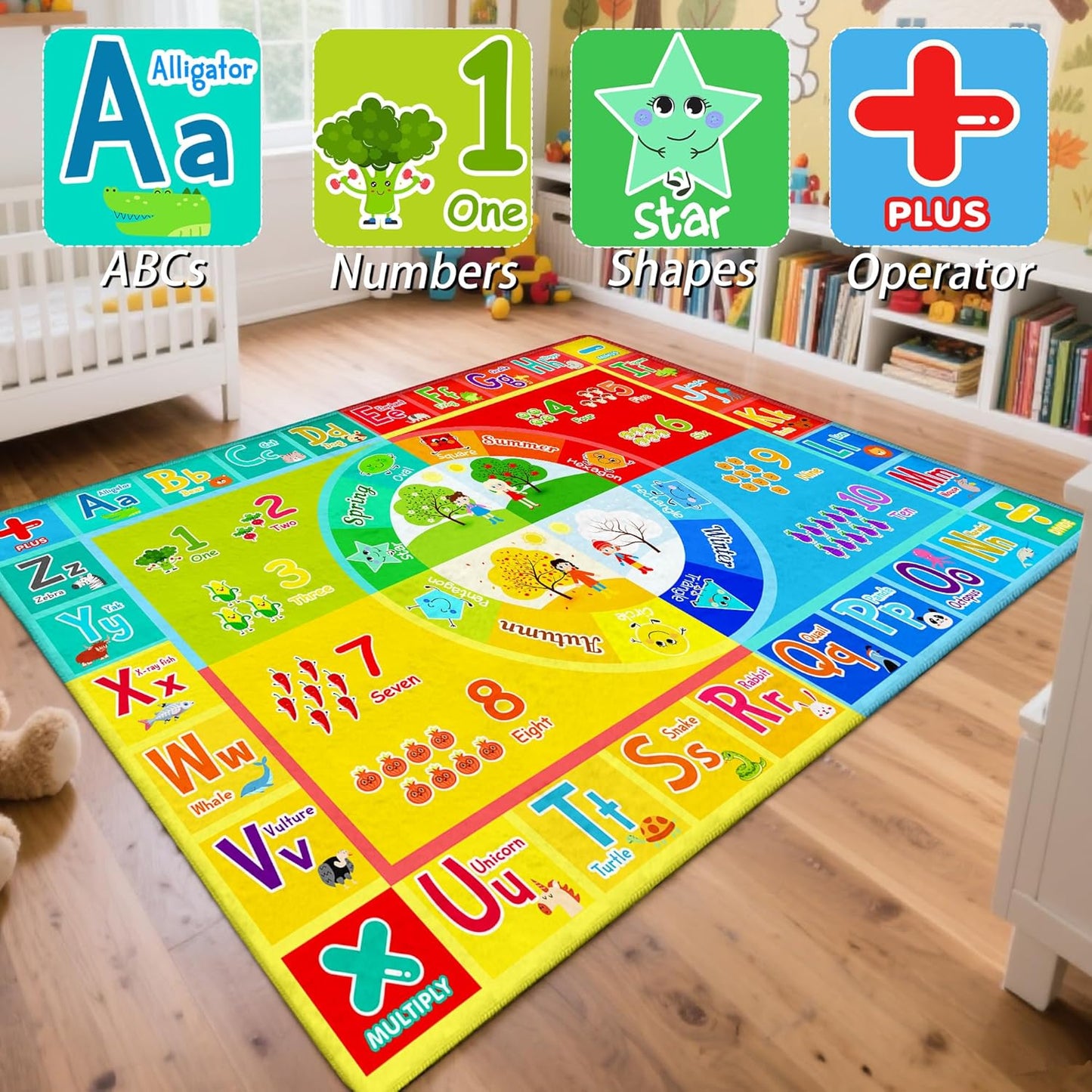 3x5 Small Kids Classroom & Playroom Rug - ABC Alphabet Educational Area Rug with Animals Numbers & Colors - Washable Non-Slip Carpet Playmat for Nursery Preschool & Reading Area