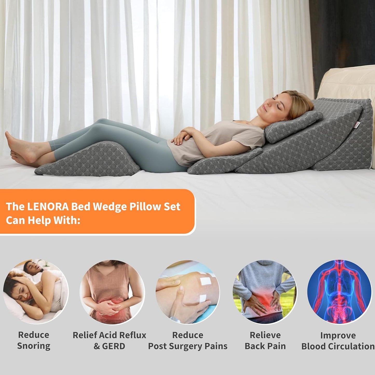 Adjustable Orthopedic Bed Wedge Pillow Set, Post Surgery Recovery, Memory Foam Wedge Pillow for Back, Knee and Leg Pain Relief, Sleeping, Sitting up in bed, Reading, Acid Reflux, Snoring, Melange Gray