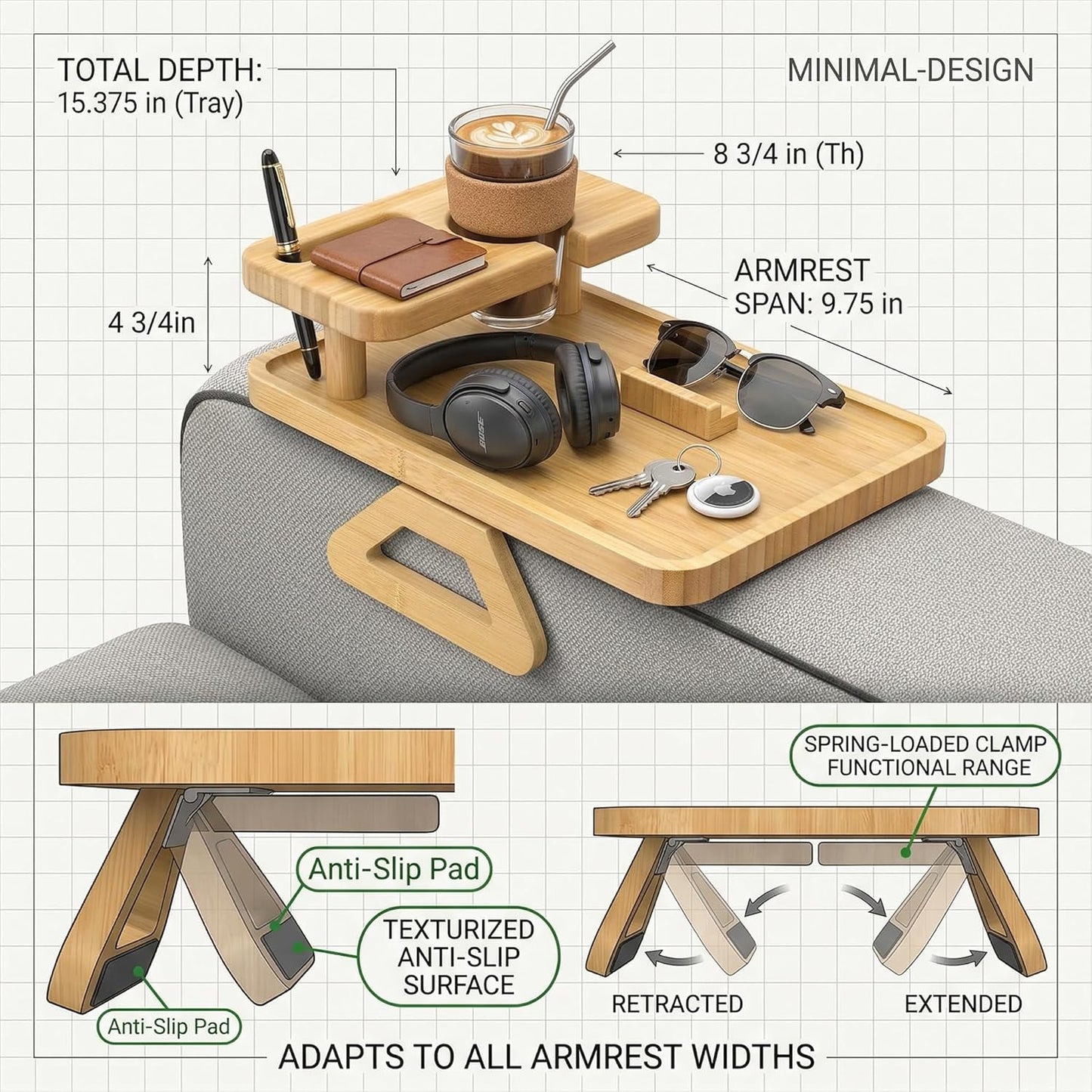 Wood Sofa Arm Tray Premium Bamboo Couch Armrest Tray with Phone Holder & Cup Holder | Sofa Side Table for Snacks, Drinks & Remote | 13.8"x9.8"x3.9" Folding Design