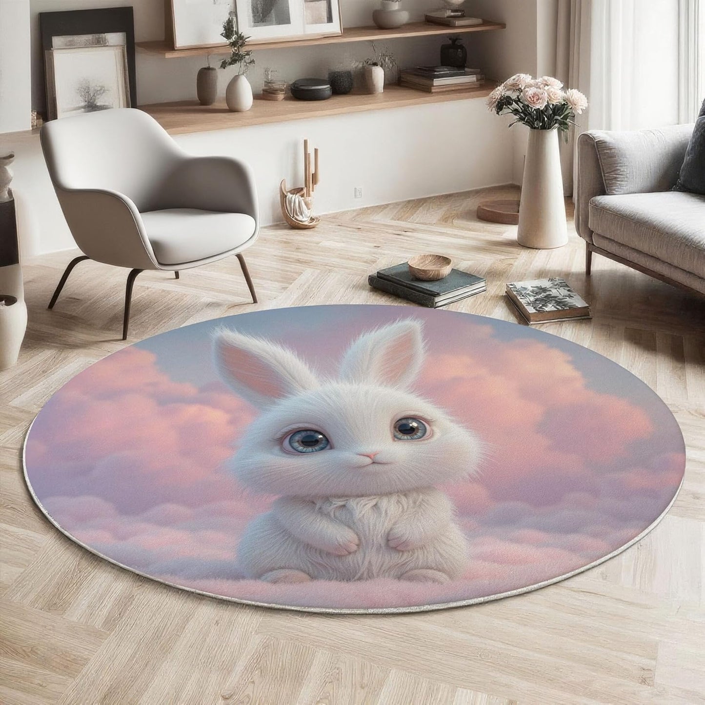 Washable Cute 3D Design Rabbit Sea of Clouds Area Rug, 3Ft Round Rugs for Living Room Soft Carpet for Bedroom Dreamy Animal Indoor Stain Resistant Non-Shedding Floor Carpet, Pink, 3Ft-Round