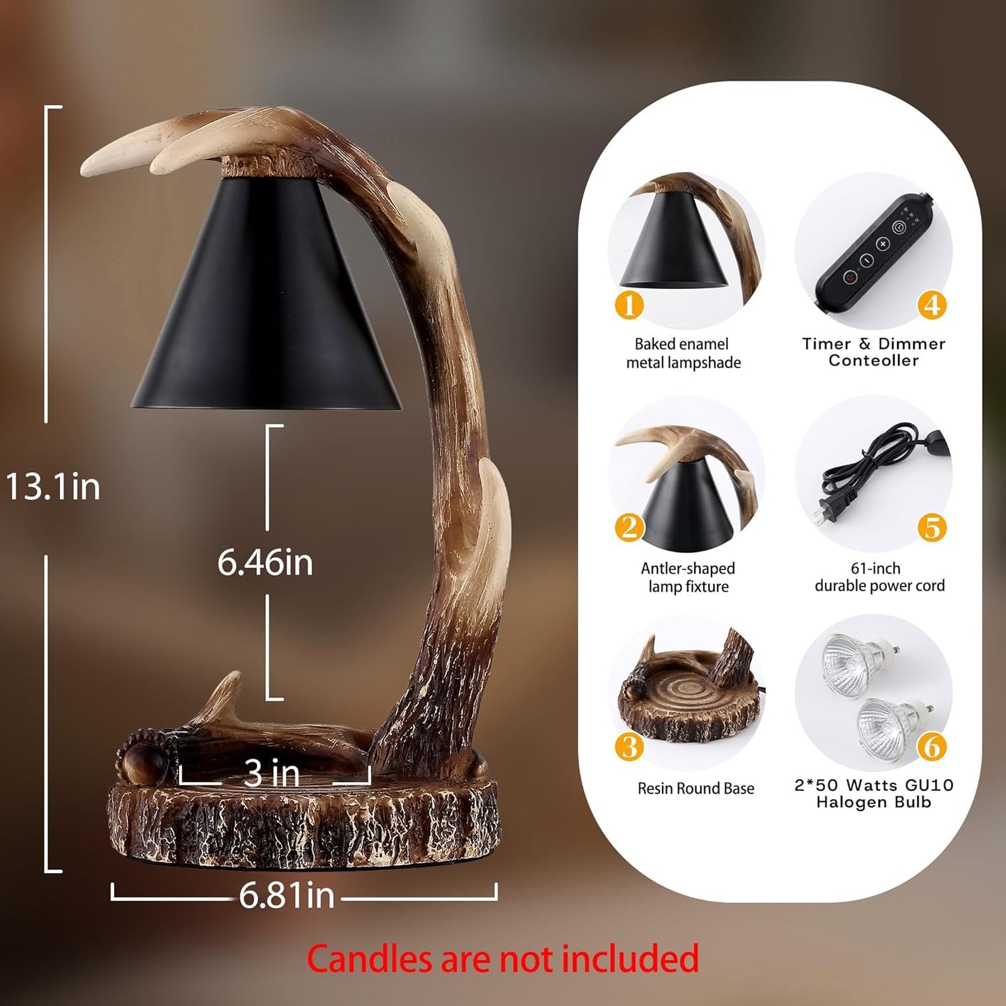 Timed Candle Warmer with Automatic Shut-Off Antler-Shaped Candle Melter Compatible with Jar Candles Dual-Bulb Design Perfect for Hunting Lodge Decor Ideal Housewarming Gift (Brown)