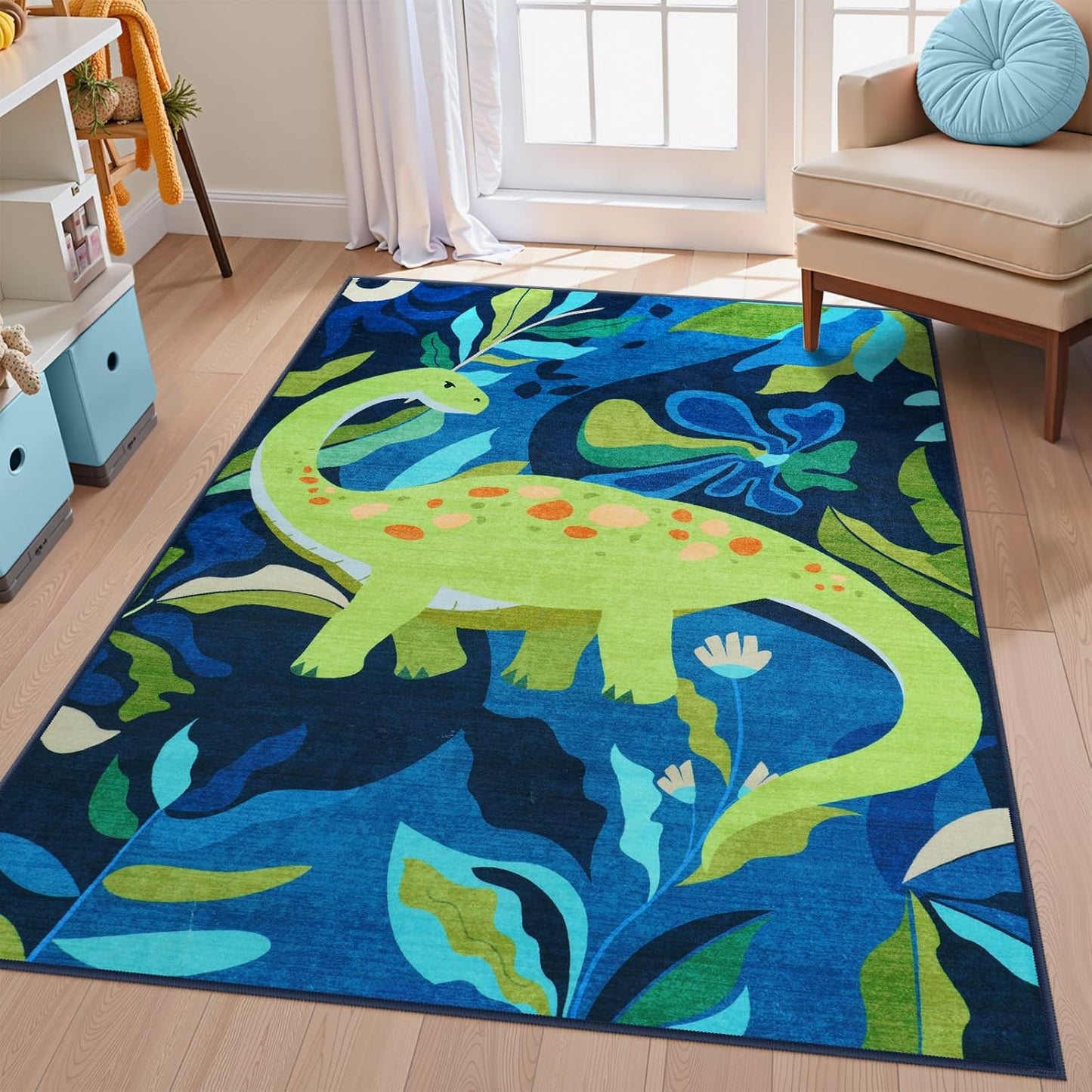 LIVEBOX Washable 3x5 Dinosaur Rugs for Boys Bedroom, Soft Animal Rug for Kids Playroom, Non-Slip Washable Rugs for Entryway Office，Kids Carpet for Nursery Classroom (Blue,3'x5')
