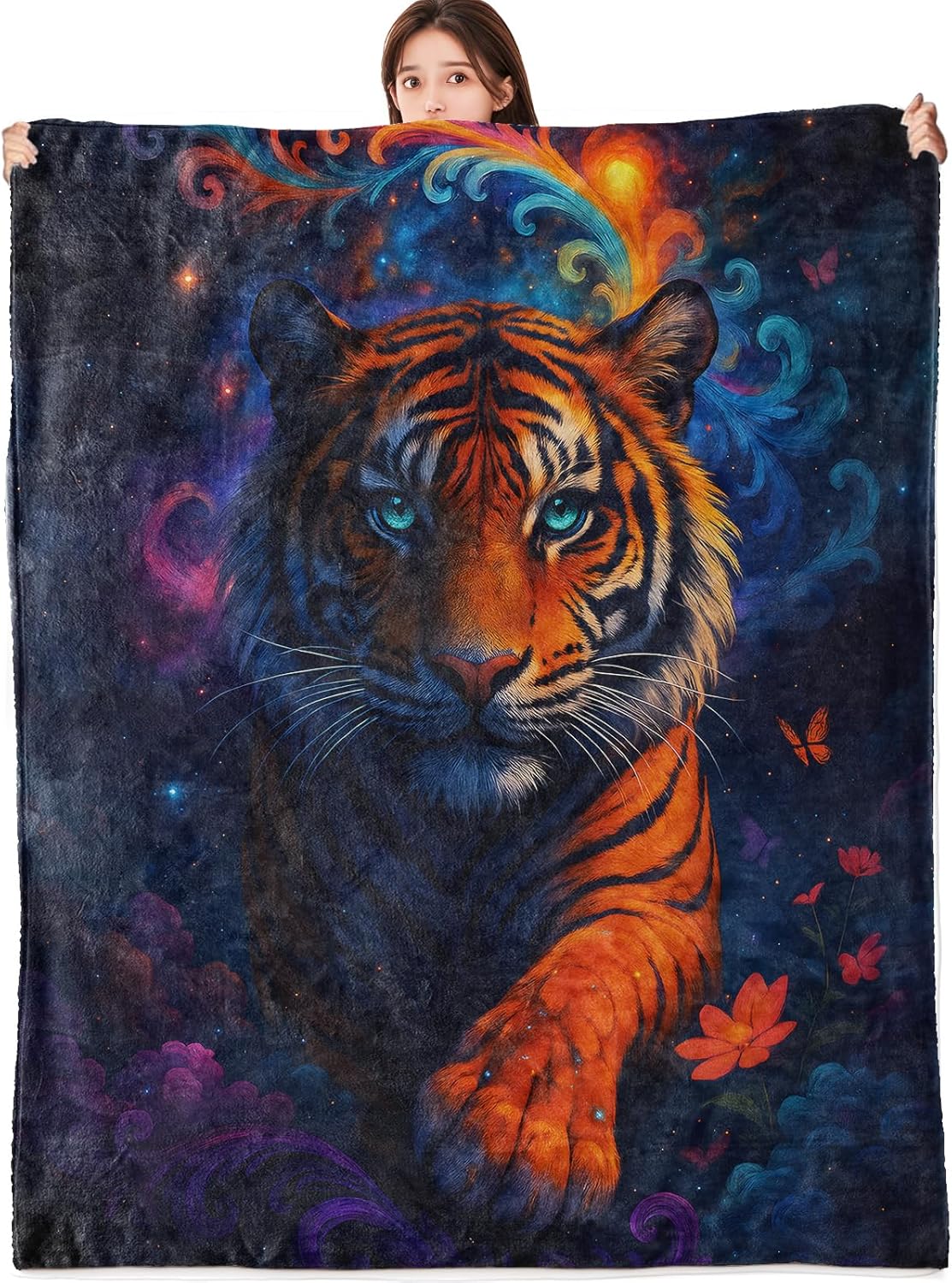 Cosmic Tiger Blanket Flannel Throw Blankets for Animal and Fantasy Lovers, Lightweight Warm Soft Cozy Vibrant Galaxy Jungle Art Print Sofa Couch Chair Bed Office Bedroom Decor Gifts, 60x50inch