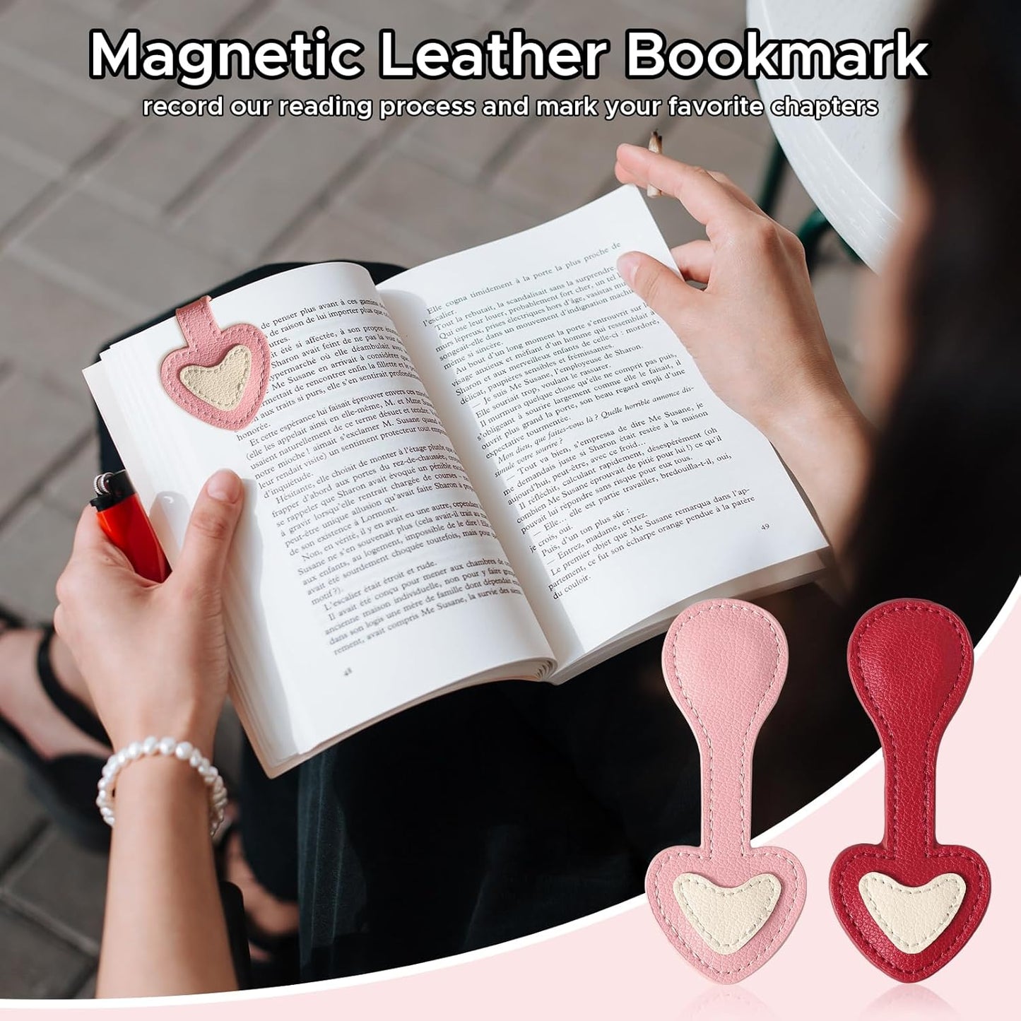 2Pcs Magnetic Leather Bookmark Cat, Heart Magnetic Pen Holder Book Marks Clip Gift for Cat Lover Magnet Page Clips for Women Men Reader Teachers Book Lovers Writer