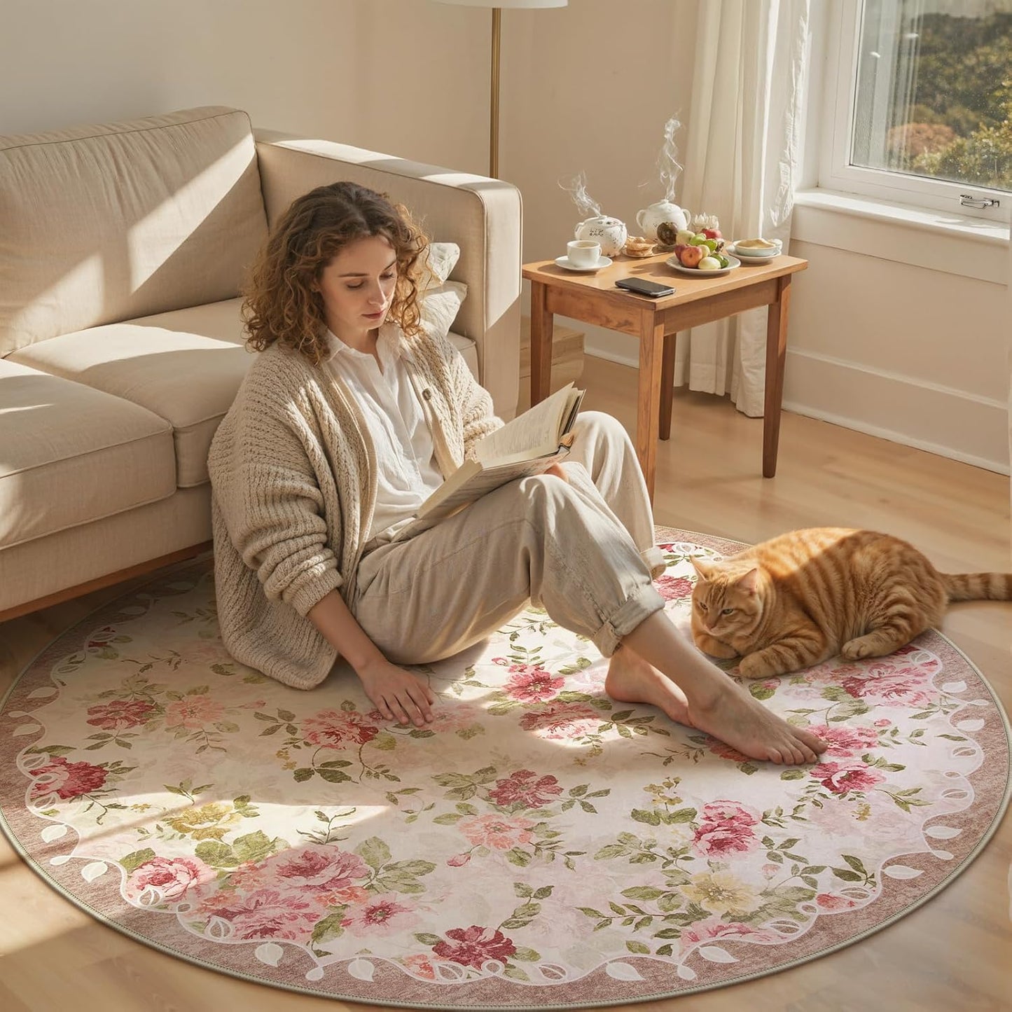 Lahome Floral Boho Round Rugs 6ft,Washable Round Rug for Dining Room Table,Circle Rugs for Living Room Large Round Carpet for Bedroom,Playroom,Nursery,Reading Corner Nina