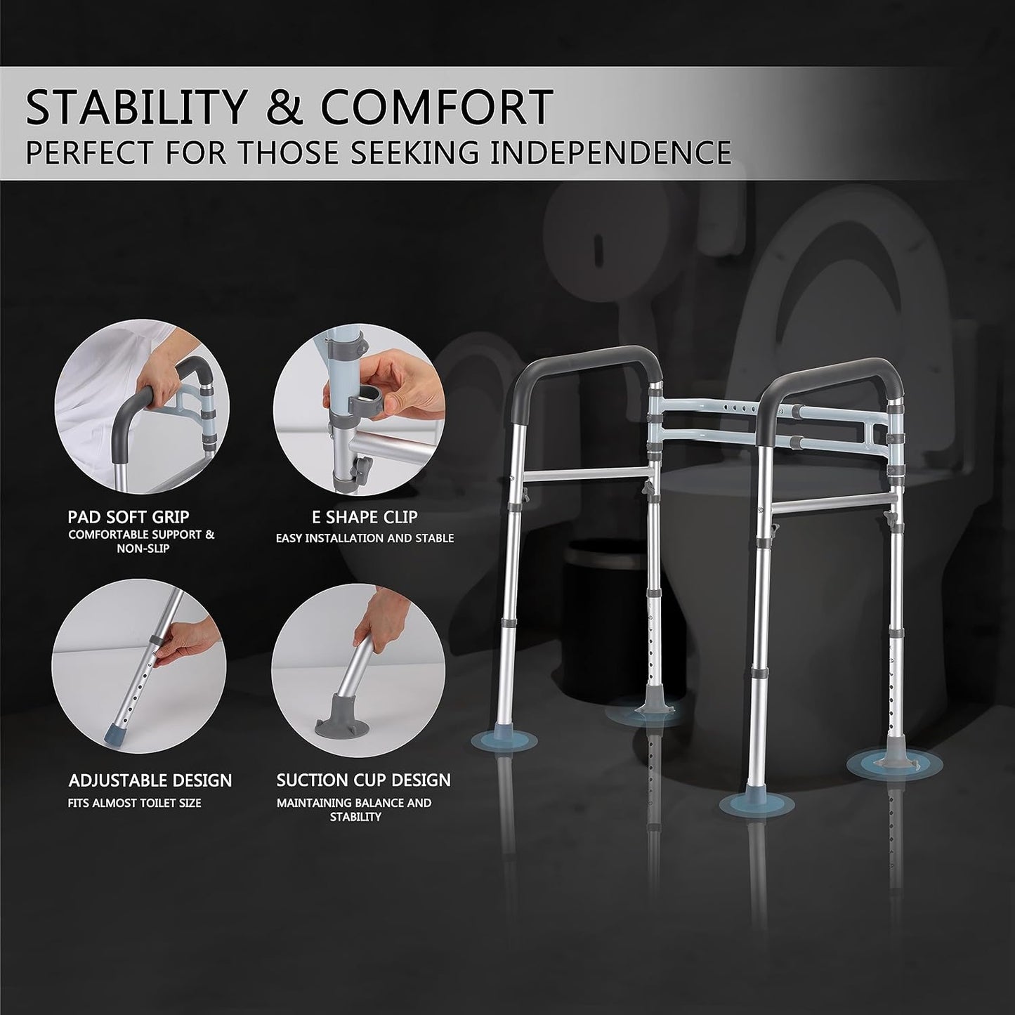 Toilet Safety Rails, Adjustable Toilet Frame for Elderly, Seniors, Handicap & Disabled, Foldable Handicap Toilet Handles Fit Any Toilets (Gray)