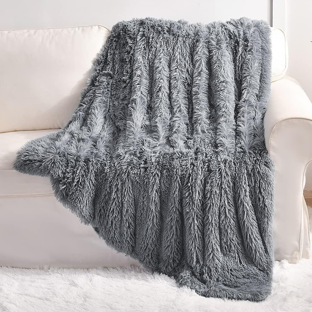 YUSOKI Long Faux Fur Throw Blanket for Sofa Couch,2 Layers,2.1lb,All Ages,Home Decoration, (Grey,50" x 60")
