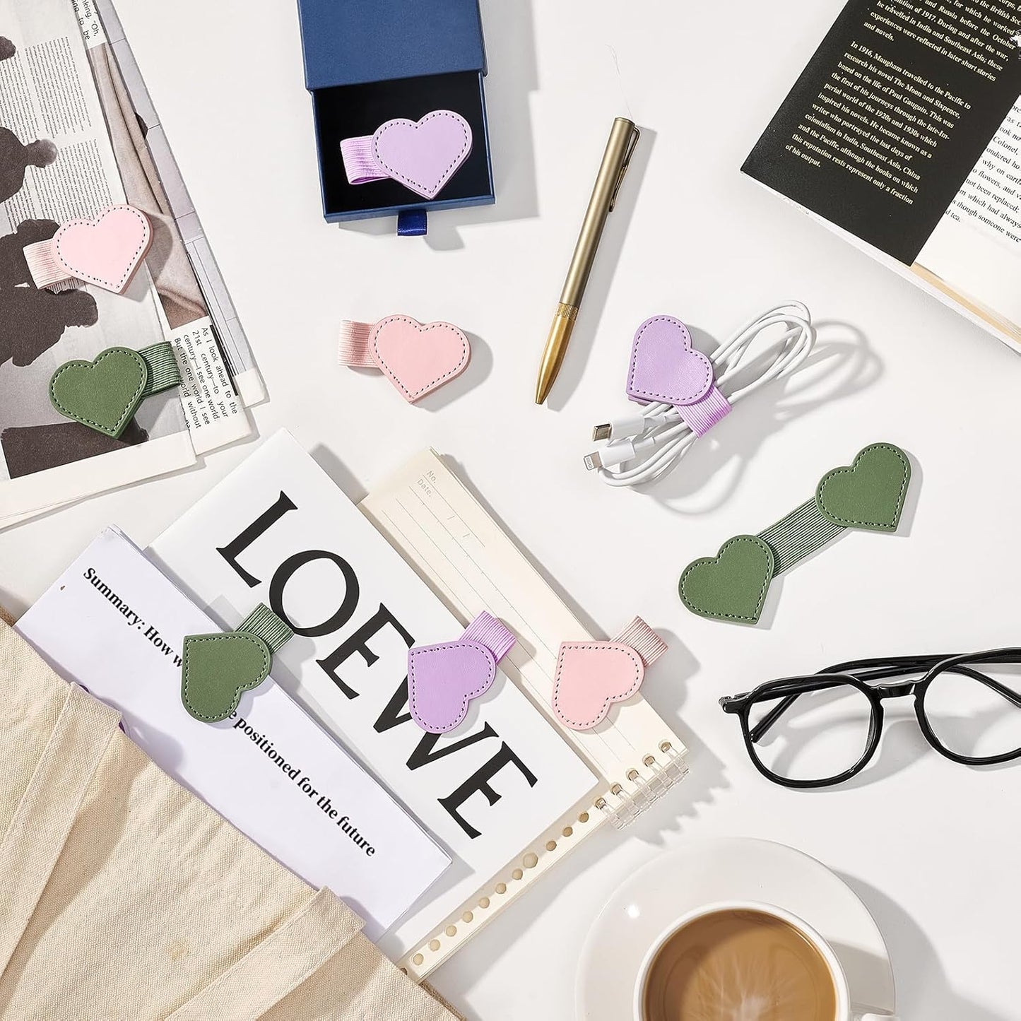 2Pcs Magnetic Leather Bookmarks with Gift Box Heart-Shaped Magnetic Pen Holder Book Marks Clip Gift for Book Lover Readers Cute Bookmark for Women, Pink