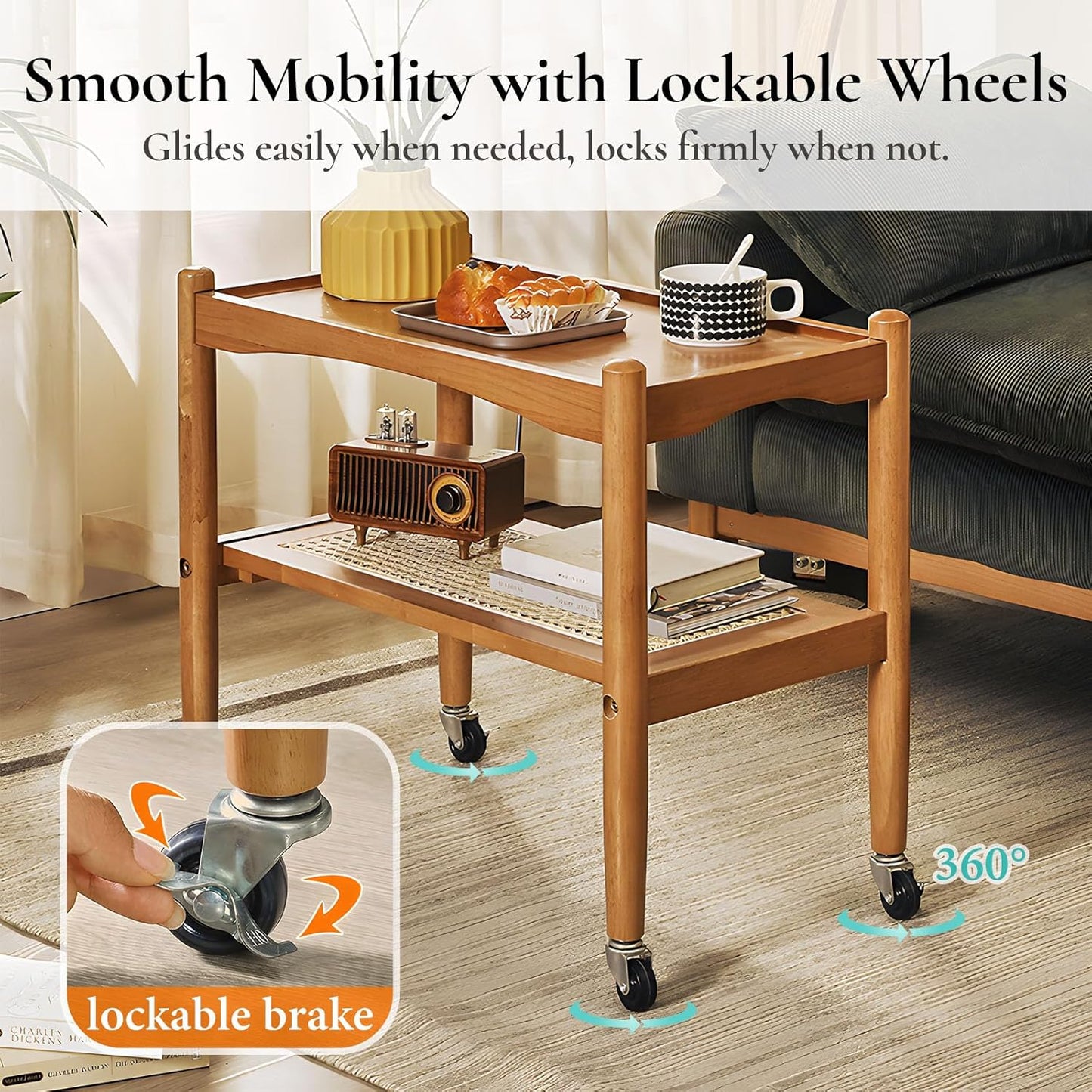Rattan Side Table with Wheels, Small End Table with Storage, Narrow Wooden Bed Side Table for Living Room, Modern Slim Sofa Nightstand, 23.43" W*12.99" D*19.69" H, (Natural)