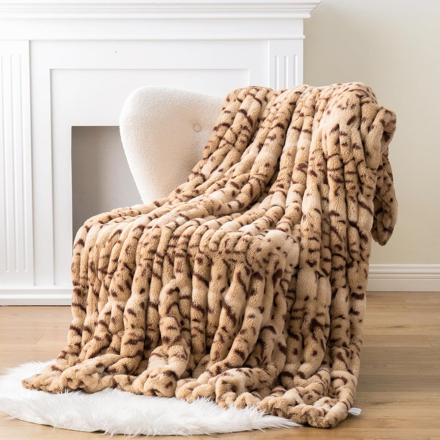 BATTILO HOME Luxury Ruched Faux Fur Throw Blanket Leopard Print, Double Side Soft Warm Rabbit Fur Blanket for Bed, Couch, Fall Throw Blanket for Home Decor, Large Cozy Mink Blanket 60"x80"