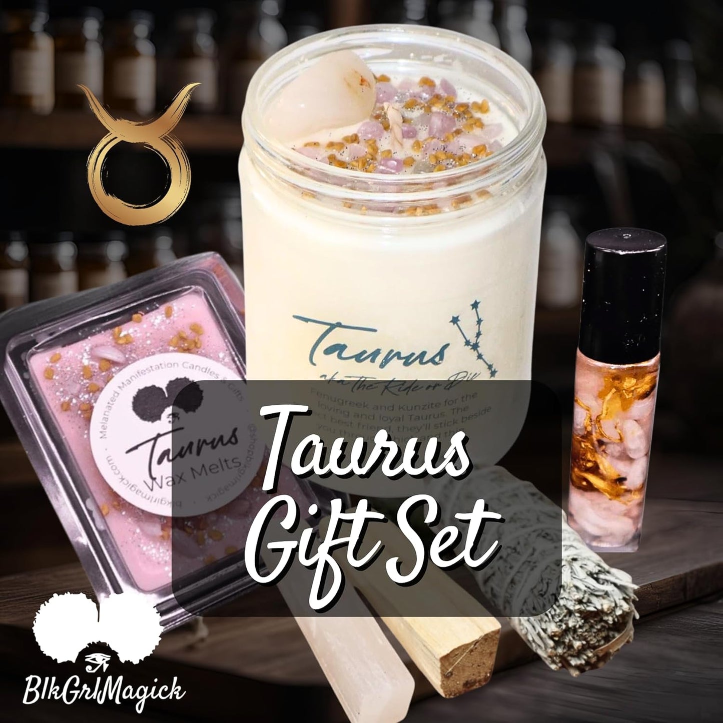 BlkGrlMagick TAURUS Zodiac Crystal Candle, White Tea Leaves Scent Kunzite, Rose Quartz, Fenugreek, Handmade April May Birthday Candles, Astrology Gifts for Sun Moon Rising Sign (16oz Jar)