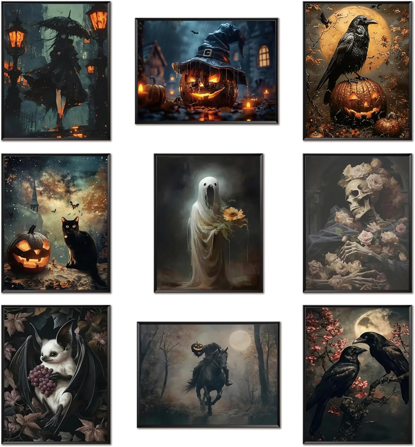 ARKZSHO Halloween Wall Art Canvas Prints Set of 9, Dark Academia Wall Decor Painting, Gothic Spooky Aesthetic Picture for Gallery Living Room Bedroom Office Decor 8x10 inch Unframed