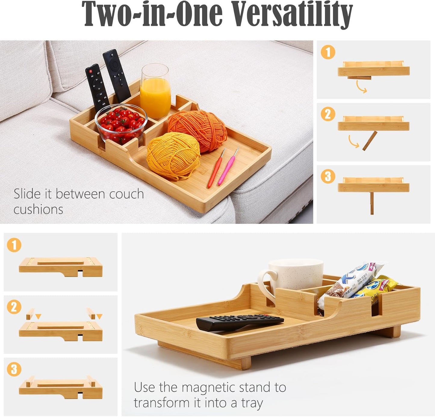Nnewvante Couch Tray, 2-in-1 Insert & Flat Sofa Organizer Bamboo with 2 Cup Holders,Fits Seat Gaps or Ottomans,for Snacks, Drinks, Remotes,15.35x9.84-inch
