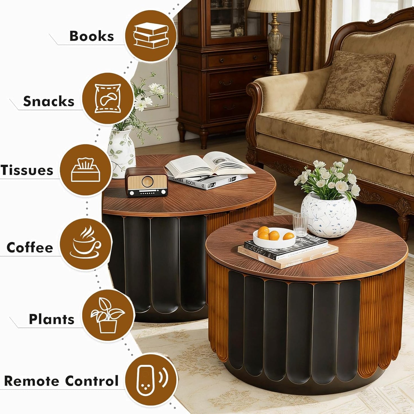 Fluted Round Nesting Coffee Table Set of 2, with Storage Mid Century Modern Wood Coffee Tables,Circle Side Table Minimalist Center Tables for Living Room, Office (A1)