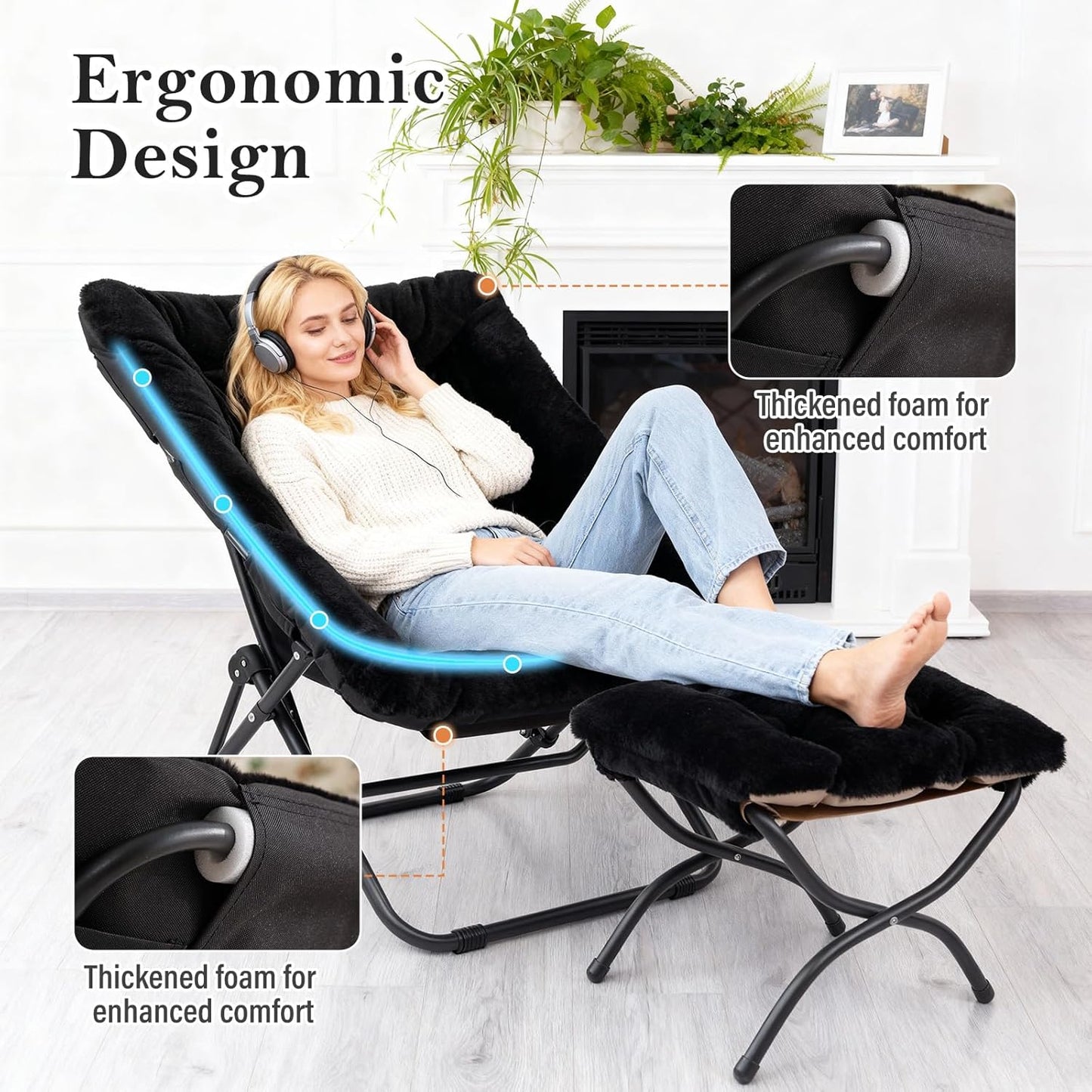 Oversized Folding Faux Fur Chair with Ottoman, X-Large Soft Saucer Chair, Foldable Metal Frame for Bedroom, Living Room, Balcony (Black)